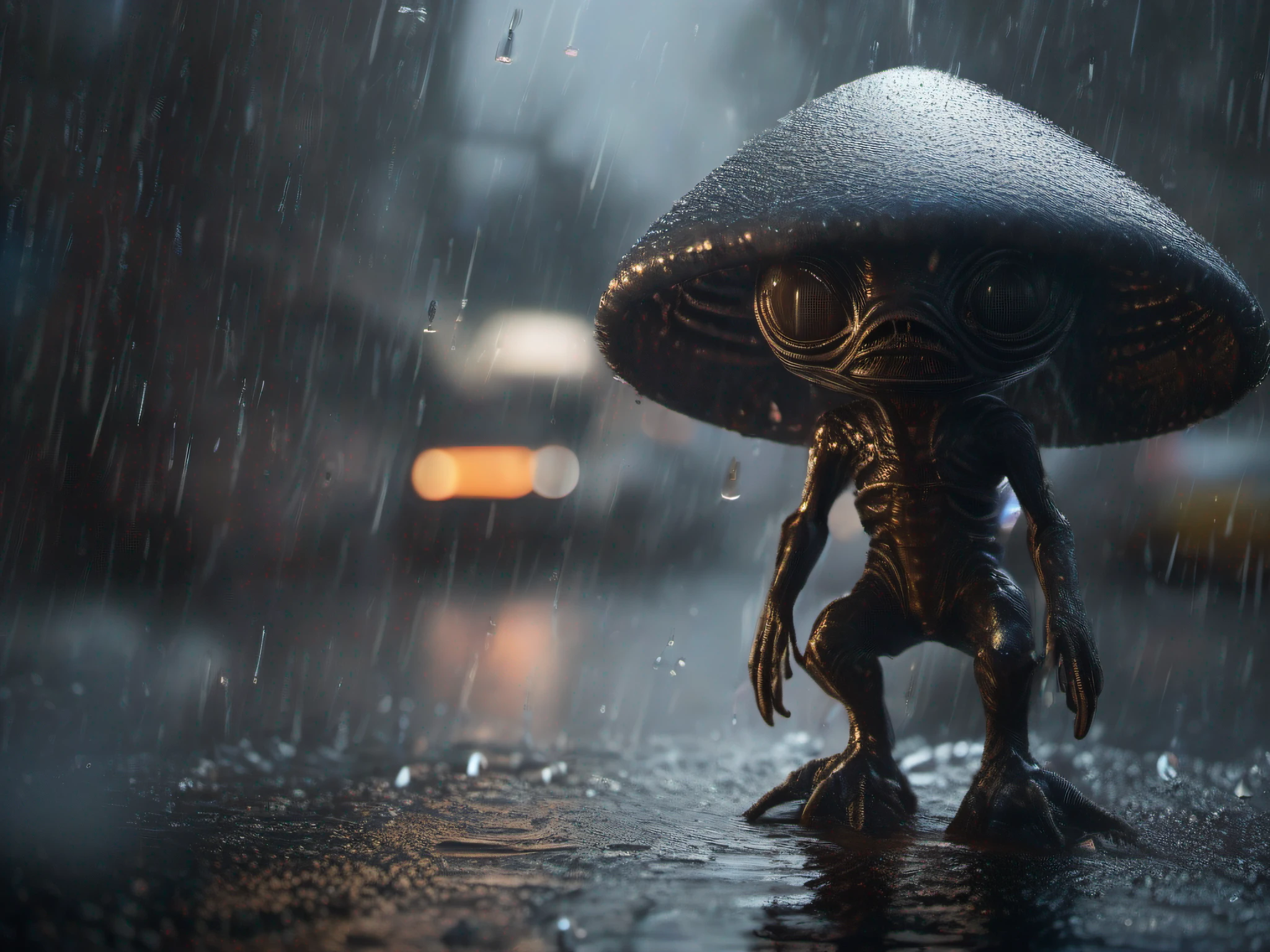 hyper realistic, cute alien, rain effect, 64k resolution photorealistic Masterpiece by Ridley Scott, intricately detailed fluid painting, HD, professional photography, dark lighting, volumetric lighting maximalist photo illustration, 64k resolution concept art with intricately detailed, complex, elegant, expansive, fantastical, ultra sharp, 64k,
