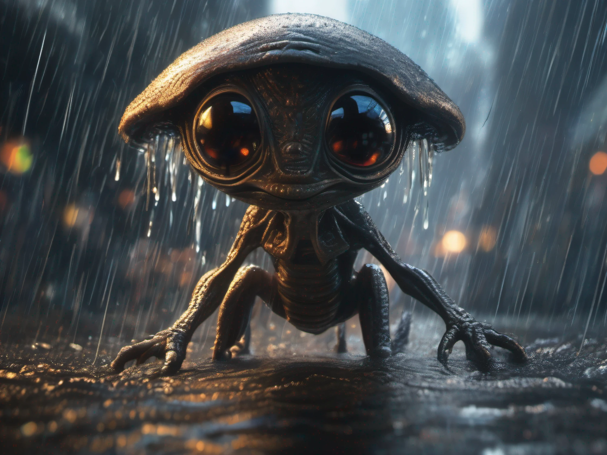 hyper realistic, cute alien, rain effect, 64k resolution photorealistic Masterpiece by Ridley Scott, intricately detailed fluid painting, HD, professional photography, dark lighting, volumetric lighting maximalist photo illustration, 64k resolution concept art with intricately detailed, complex, elegant, expansive, fantastical, ultra sharp, 64k,