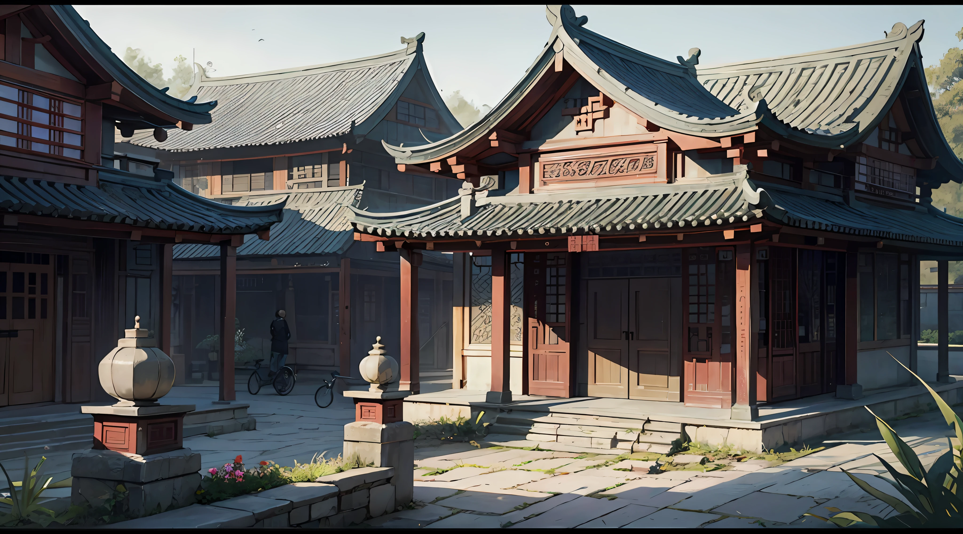 China-style，quaint，Scene atmosphere map，the street，城市，Architectural close-up，Song Dynasty，Game scene atmosphere map，Game scene concept design，in the early morning，The hue is gray，Scene atmosphere map，Sense of form，Sense of composition，Quaint，photorealestic，Thick coating，stylised，The building features stone，Wooden，Quaint building，People view