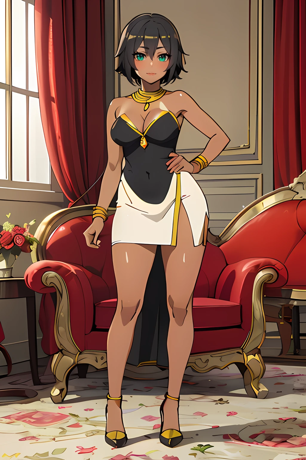 Anime character in a black and white dress standing in a room, Cushart Krenz Key Art Femenino, Anya de Spy X Family, Arte Oficial, Pose real elegante, Vestimenta real Akira, Senna de League of Legends, Regal Pose, Krenz Cushart y Artgerm, entrepierna, Arte oficial del personaje, faye valentine, Maya Fey de ACE Attorney