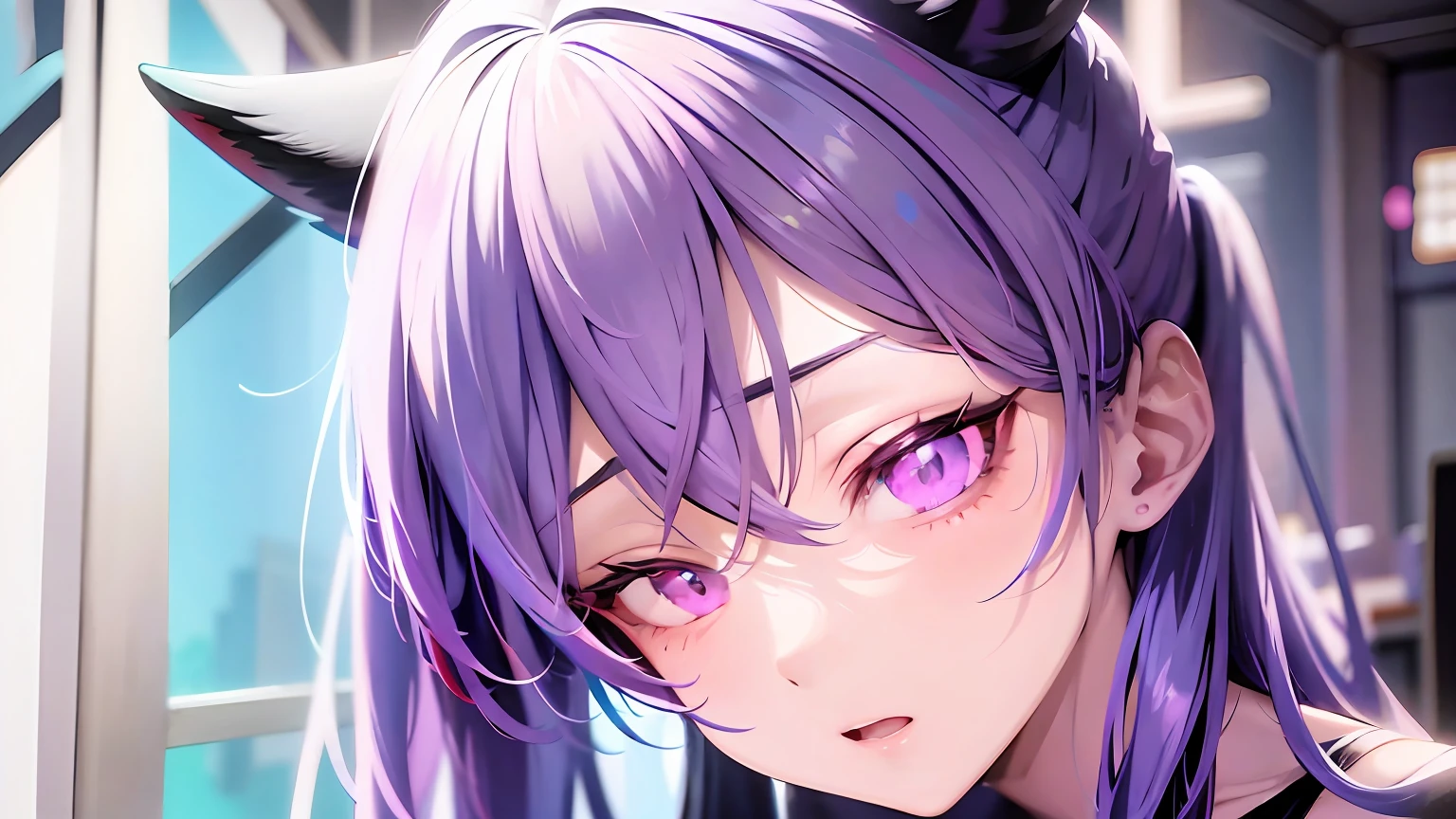 Anime girl with purple hair and purple eyes looking at camera, Hyper realistic anime, 3 d anime realistic, anime style 4 k, photorealistic anime girl render, photorealistic anime, Anime style. 8K, realistic anime 3 d style, high detailed face anime, render of a cute 3d anime girl, Stunning anime face portrait, 8K portrait rendering