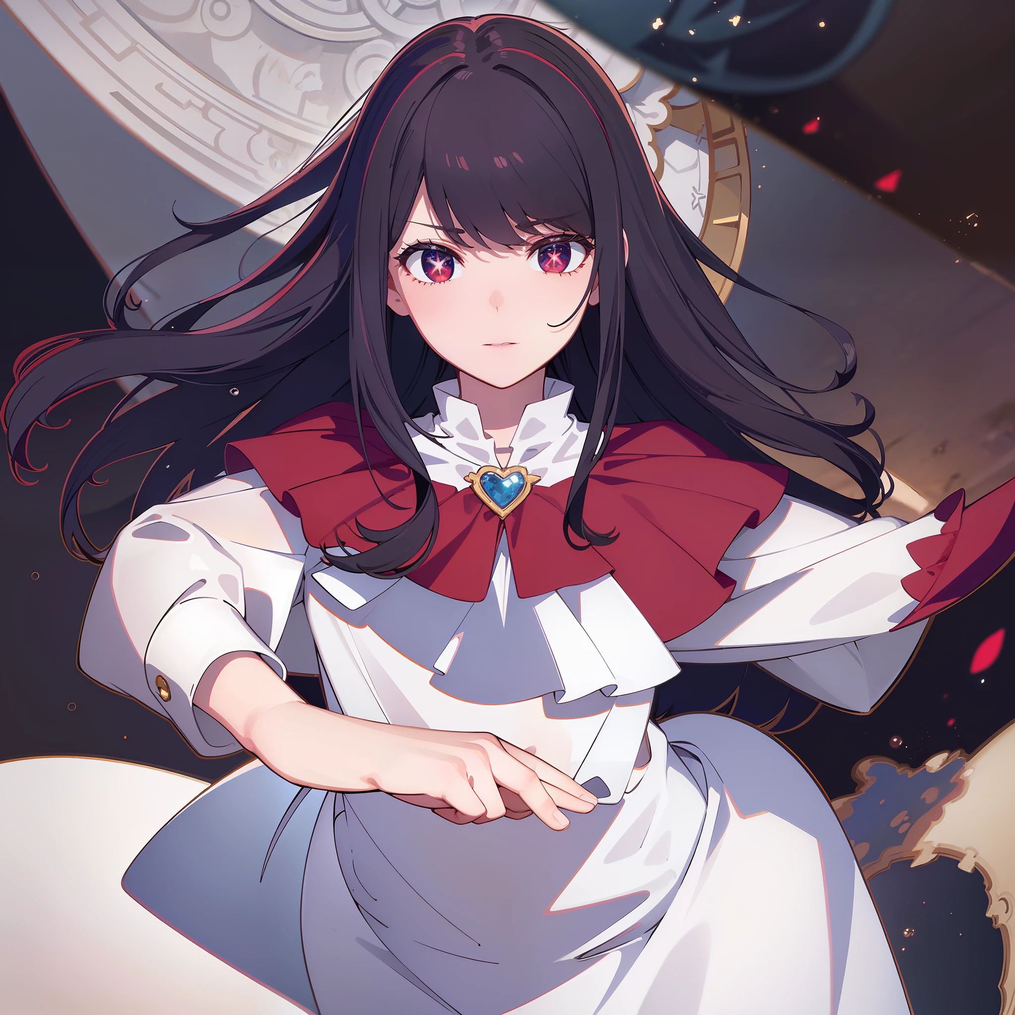 (best quality:1.1), (masterpiece:1.2), high quality shadow, beautiful detailed, (high detailed skin, skin details),(wide_landscape,8k), beautiful face, detailed eyes, depth of field, dramatic light, best quality, highres, best shadow, best illumination, 1 girl, dark brown hair, sleepy eyes, crimson eyes, red blazer, white blouse, white skirt, star-shaped pupils