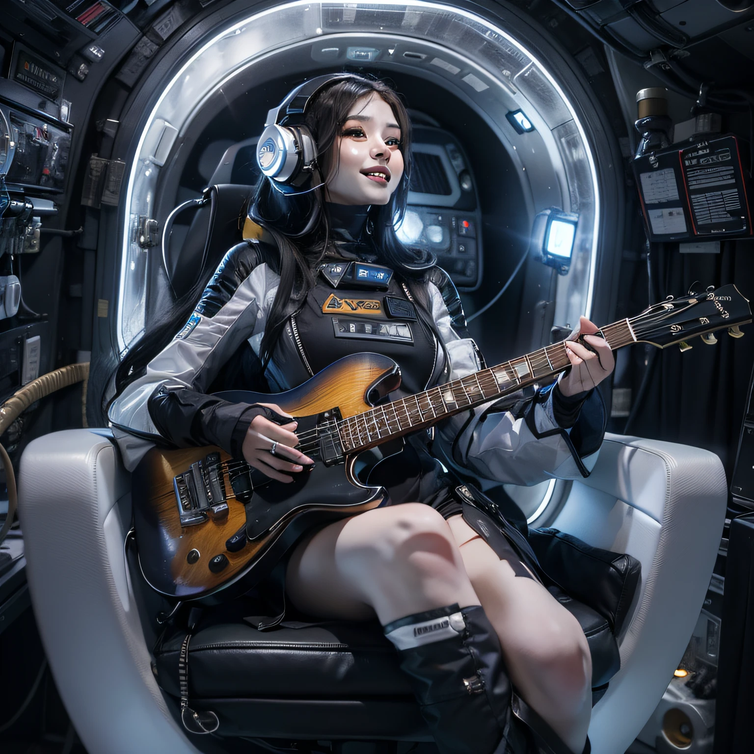 Enchanted woman happy to raise her hand Perfect beauty Beautiful white skin Beautiful eyes Lustrous lips lovely smile Wearing a thin black spacesuit that sticks to the body holding an electric guitar Sitting on a chair Functional head phone Inside the spacecraft