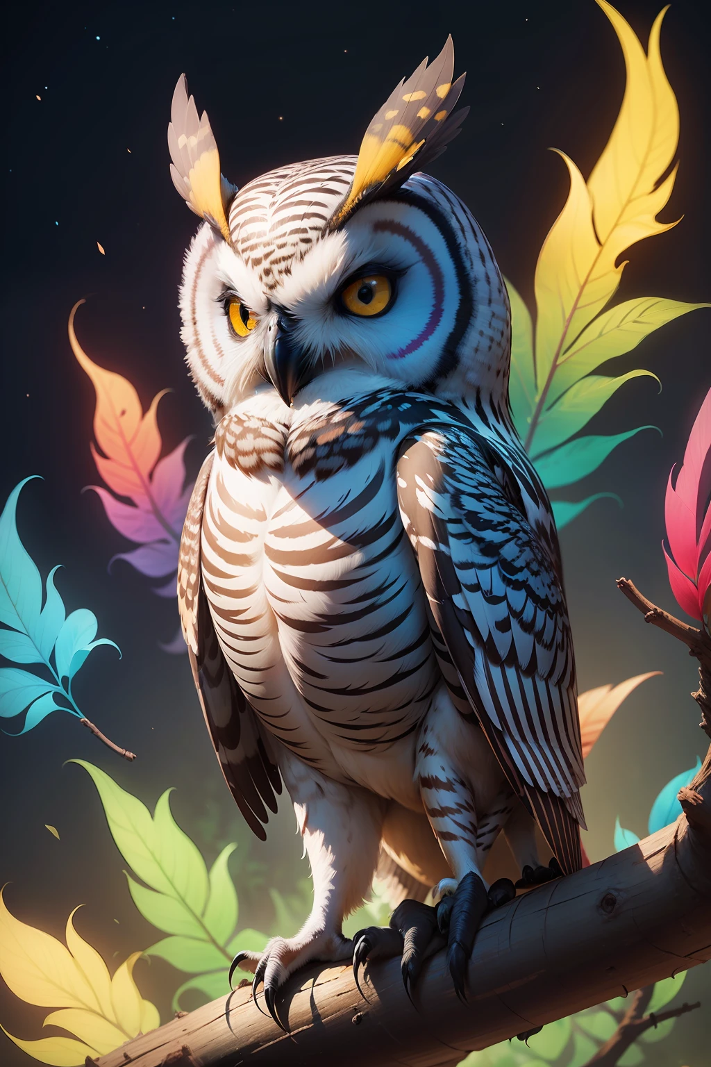 (Melhor Qualidade) Imagine a series of multicolored prints of an owl that capture the essence of its unique and mysterious features. Create mesmerizing art that blends vibrant tones and soothing tones to highlight the wisdom and elegance of these nocturnal creatures. Use sua criatividade para fundir elementos abstratos e detalhes realistas, transformando a coruja em uma verdadeira obra-prima de cores e formas.