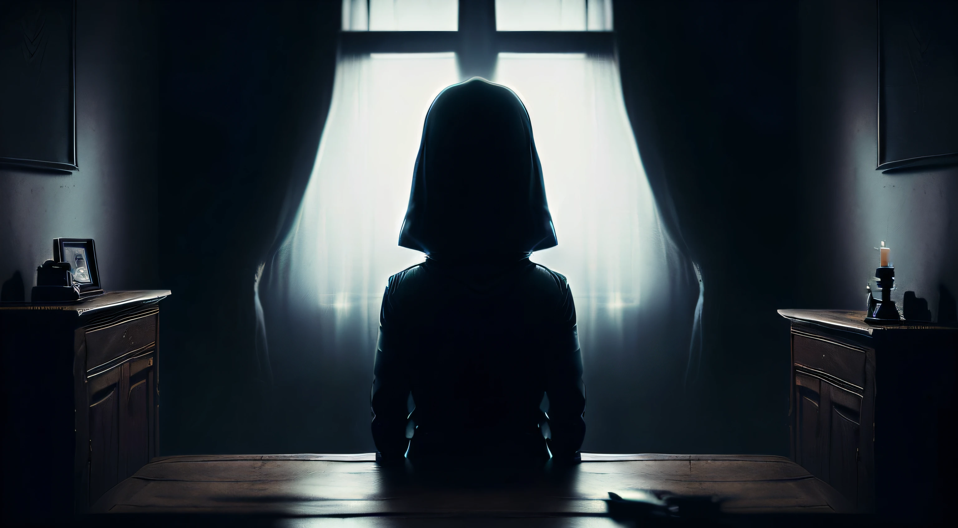 arafed person in a hoodie sitting at a table, in front of nothing but large dark spaces, mysterious woman, cloaked woman, eerie person silhouette, shadowy and eerie character, darth vader sitting at the table, mysterious figure, creating an ominous presence, mysterious portrait of a woman, mysterious eerie portrait
