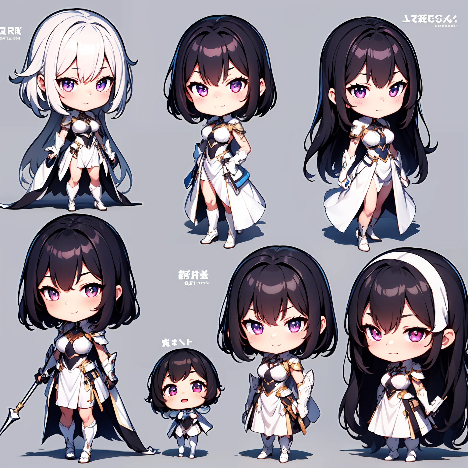 1girll, tchibi, full bodyesbian, short detailed hair, looking at viewert, mediuml breasts, Black hair, Purple eye, Sideburns, ssmile, 独奏,Natural Stand Posture,The finger contours are super clear,Wear a set of armor,With a spear in his hand,(Q version of cartoon:1.2),Character drawings,Same character full body,(Lateral face:1.2),on back,acurate,best qualtiy,hyper-high detail,