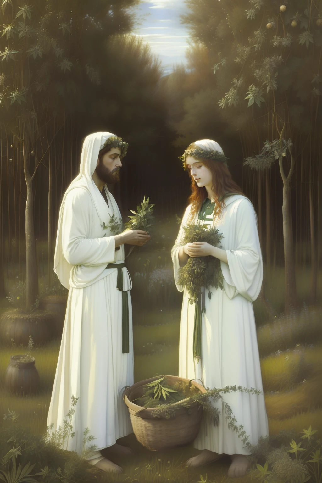 "(((Pre-Raphaelite painting of the harvest of sacred herbs by the white-robed Celtic druids, samambaias e juncos)))"