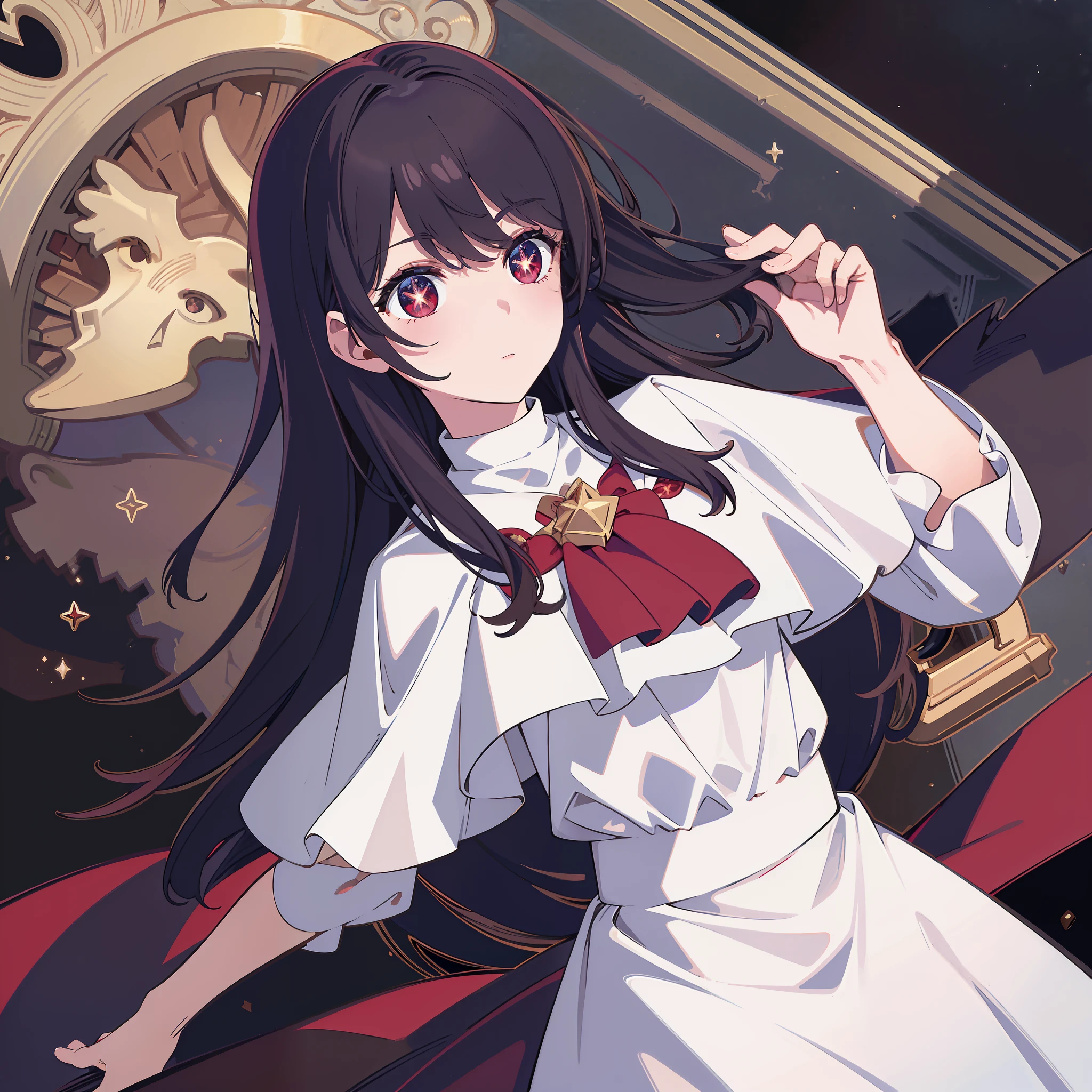 (best quality:1.1), (masterpiece:1.2), high quality shadow, beautiful detailed, (high detailed skin, skin details),(wide_landscape,8k), beautiful face, detailed eyes, depth of field, dramatic light, best quality, highres, best shadow, best illumination, 1 girl, dark brown hair, sleepy eyes, crimson eyes, red blazer, white blouse, white skirt, star-shaped pupils