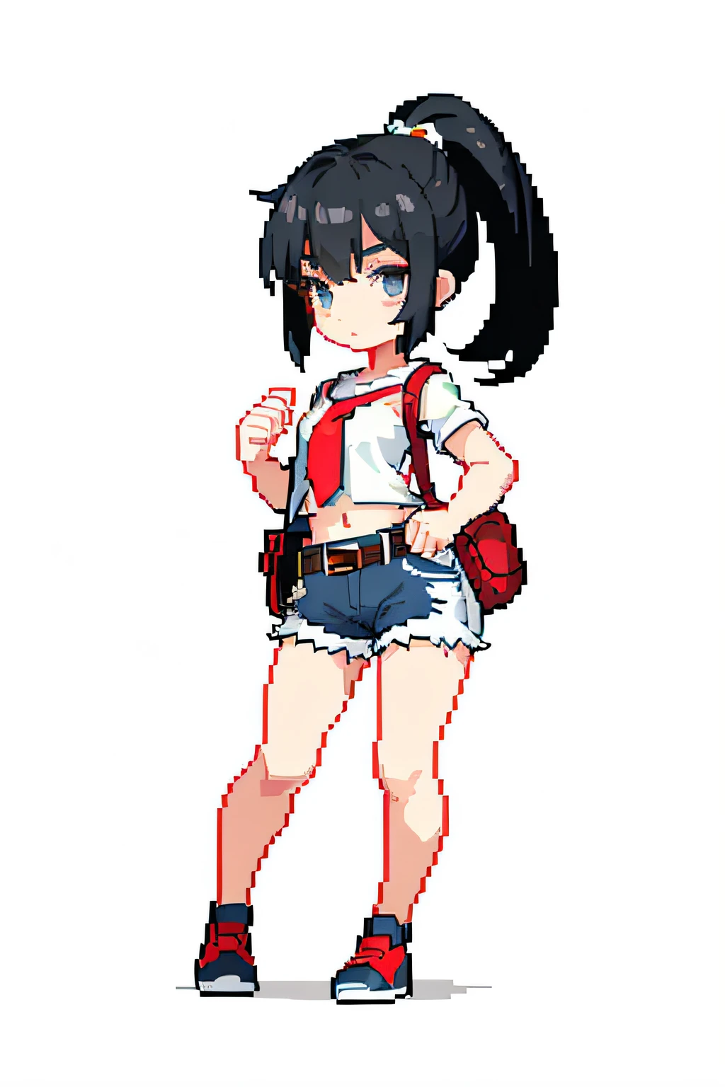 (tmasterpiece,top Quority,best qualtiy),pix,pixelart,1girl,full bodyesbian,Short silver hair with black hair has grown at the roots,Tied into a slightly messy ponytail。The smooth forehead is covered by messy and slightly thick broken bangs。Along with the forehead are also a pair of thin willow leaf eyebrows。The black eyes are covered by slightly drooping eyelids。The bridge of the nose that does not collapse or stand upright,Thin lips。The red tunic is half-open, revealing the white close-fitting sports shorts underneath and the wheat-colored belly。A thumb-thick belt secures denim shorts,A small red bag hangs from it。Pedal black cowhide booties,Expose muscular legs。