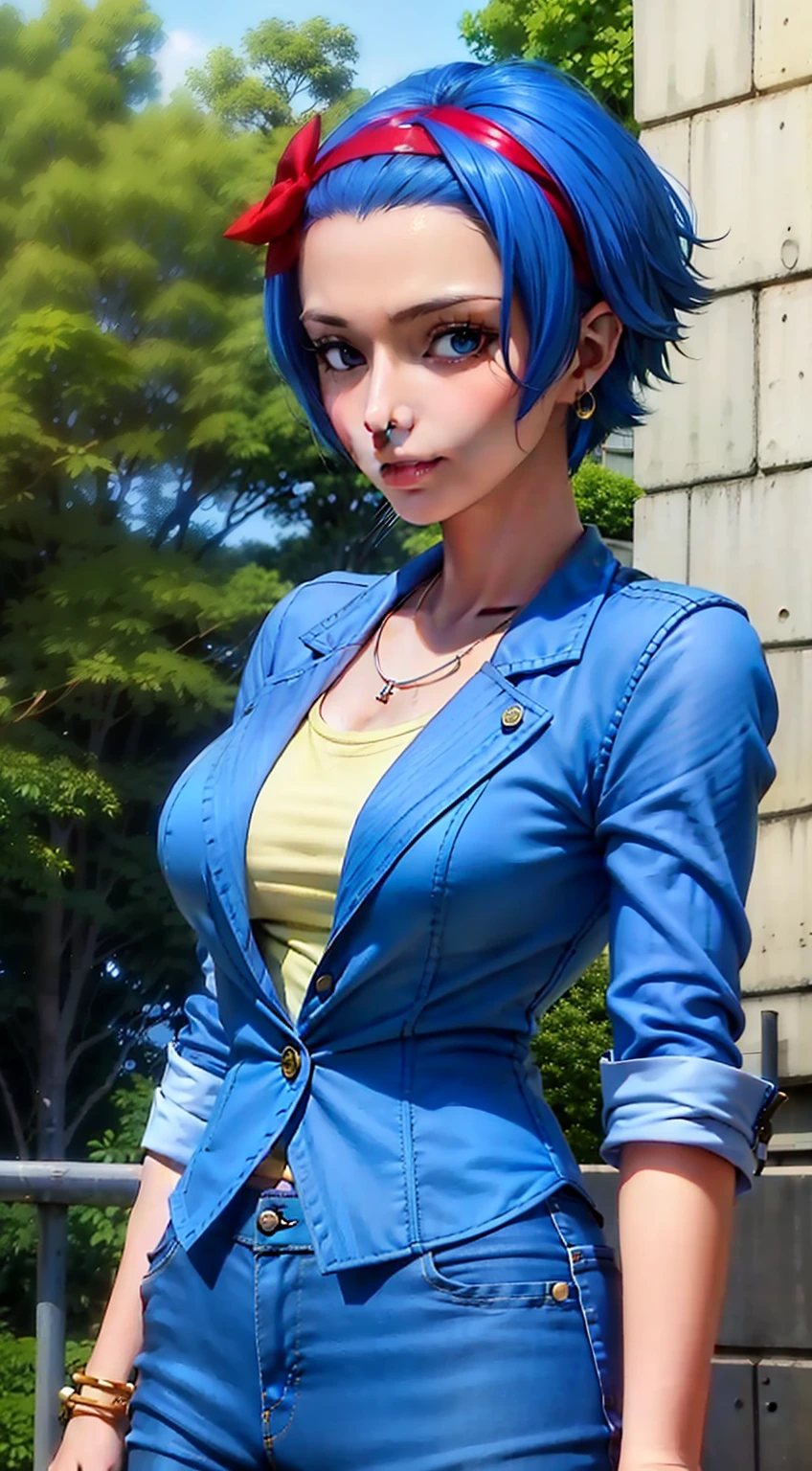 nojiko from anime one piece, short hair, blue hair, beautiful, beautiful woman, wears earrings, wears a watch on her left hand, perfect body, stands, wears a yellow formal shirt, wears a blue formal suit, blue pants, wears clothes formal, looking at the audience, smiling, being in the city of Tokyo, being on the side of the road, in a public place