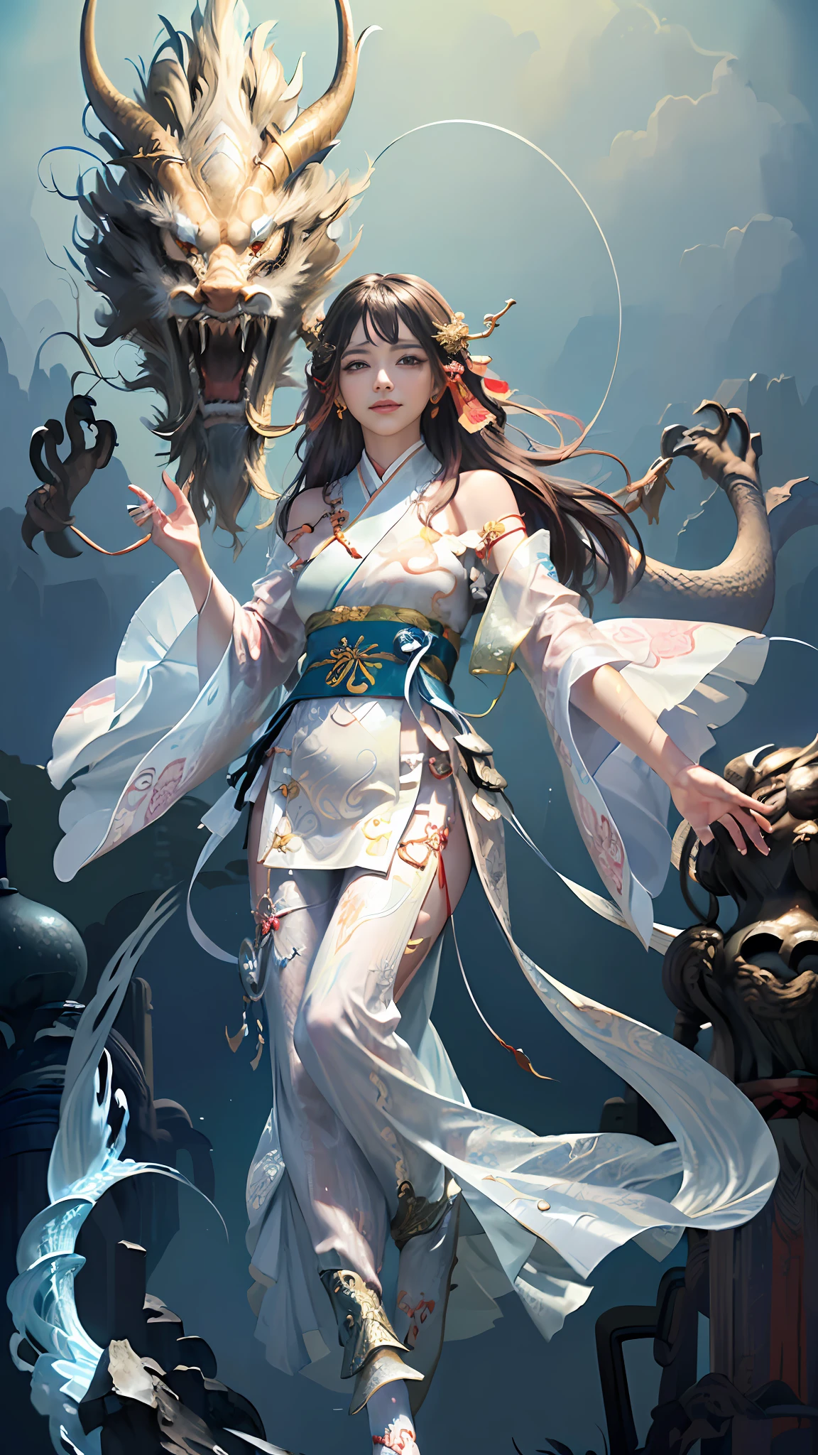 Official Art, Unified 8k Wallpapers, ((Hyperrealism) (Surrealism)), (3D), Ultra Detailed, Beautiful and Aesthetic, Masterpiece, Best Quality, (Zentangle, Tangle, Entangle), (Fractal Art: 1.4), 1girl, Detailed Eyes, (Fine Skin, Diffused Skin Pores), ((Very Detailed Background, Very Detailed Face, (Very Detailed, Fine Detail, Intricate), Shallow Depth of Field, Diffuse Soft Light, (long hair), off-the-shoulder, long skirt, calf, very detailed, dynamic angle, cowboyshot, (most beautiful form of chaos), flowing, (bright colors), OC, (full body: 1.2), Chinese, (thangka flying sky: 1.5), (ribbon: 1.3), (dream: 1.5), (Hanfu: 1.5), Chinese dragon, Chinese phoenix, (smile: 0.5), (Chinese deity),