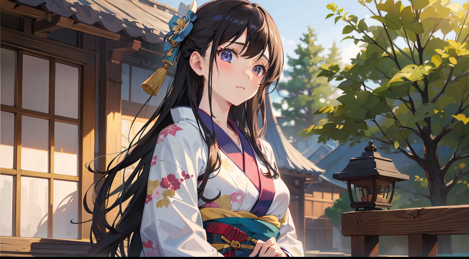 1girl in、masterpiece、in 8K、semi - realistic、4K、nffsw、Shaders、Brilliant Textured Work、hime、kimono、A dark-haired