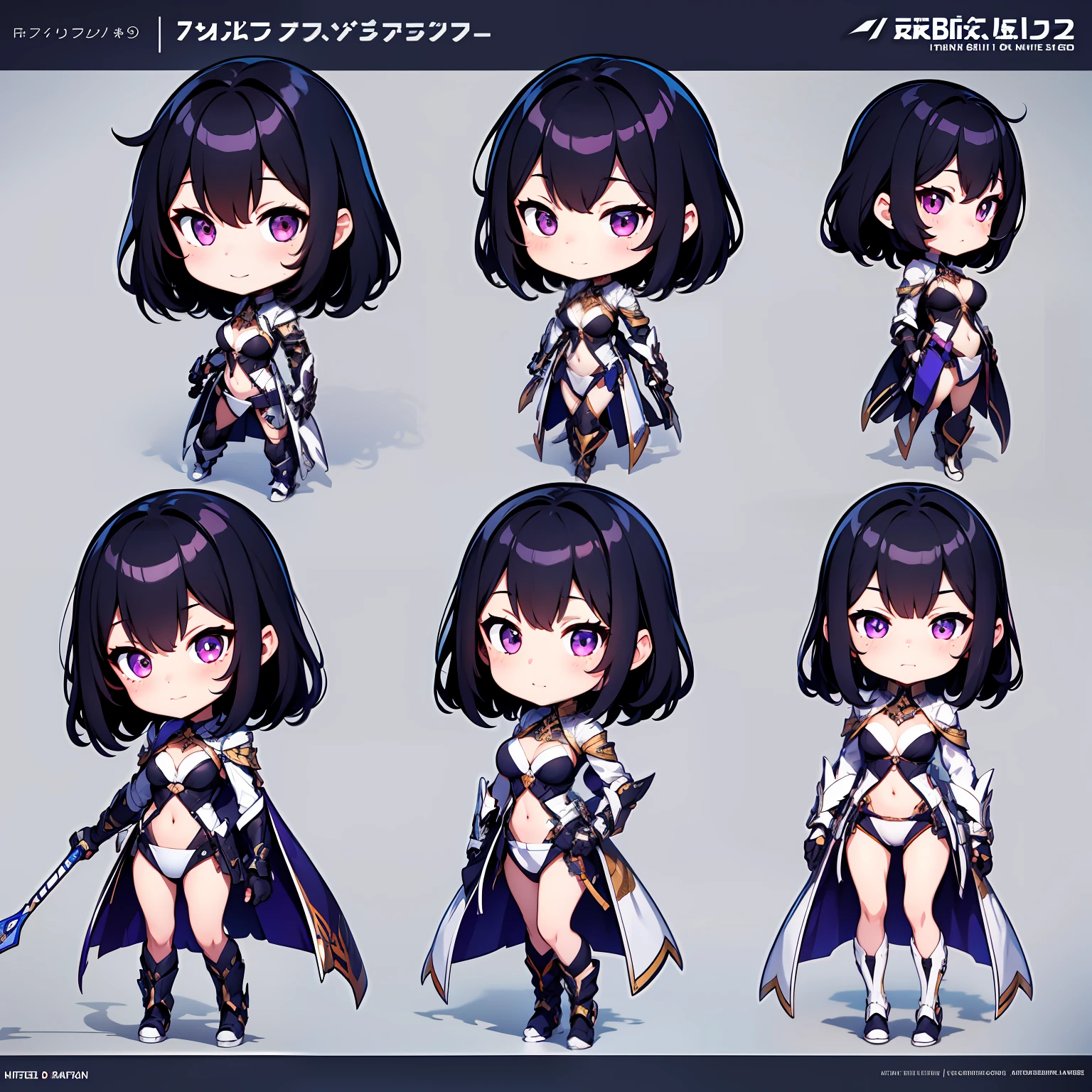 1girll， tchibi， full bodyesbian， short detailed hair， looking at viewert， mediuml breasts， Black hair， Purple eye， Sideburns， ssmile， 独奏，Natural Stand Posture，The finger contours are super clear，Wear a set of armor，With a spear in his hand,(Q version of cartoon:1.2)，Character drawings，Same character full body，(Lateral face:1.2)，on  back，acurate，best qualtiy，hyper-high detail，
