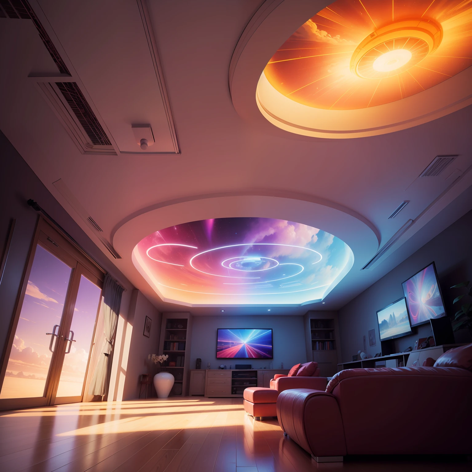 The room was humming harder as the ceiling blew away, concept art, 8k , in the style of Peter max