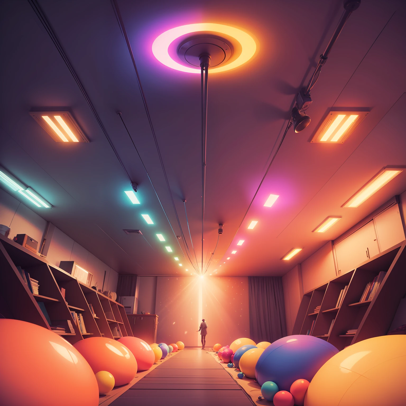 The room was humming harder as the ceiling blew away, concept art, 8k , in the style of Peter max