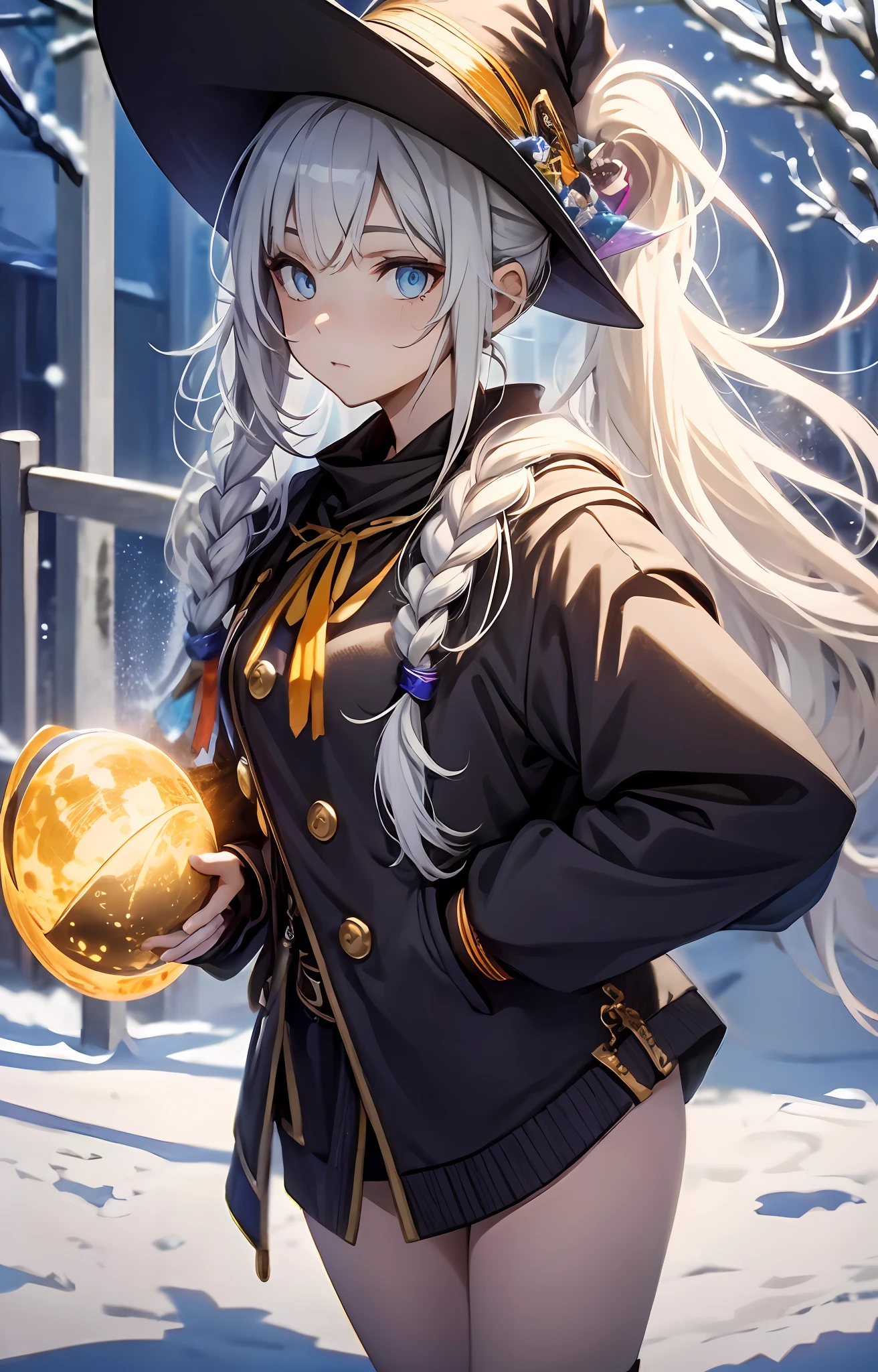 best qualityer,tmasterpiece,Ultimate resolution,downy,Extremely colorful,Colorful,The Witch,sliver long hair,Ponytail braid,hair-bun,a matural female,Witch long-distance running,Magic Hat,Golden Hoop Stick,snow country,Lost Syracuse,Blue-Ice,Normal posture