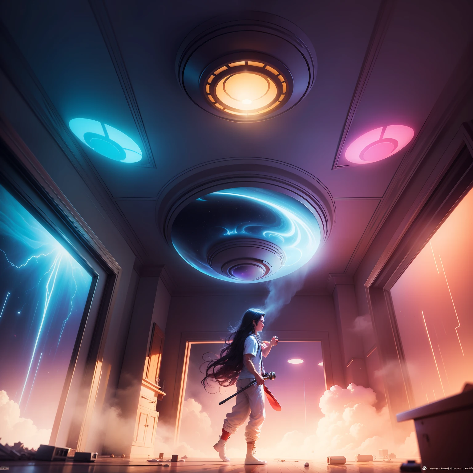 The room was humming harder as the ceiling blew away, concept art, 8k , in the style of Peter max