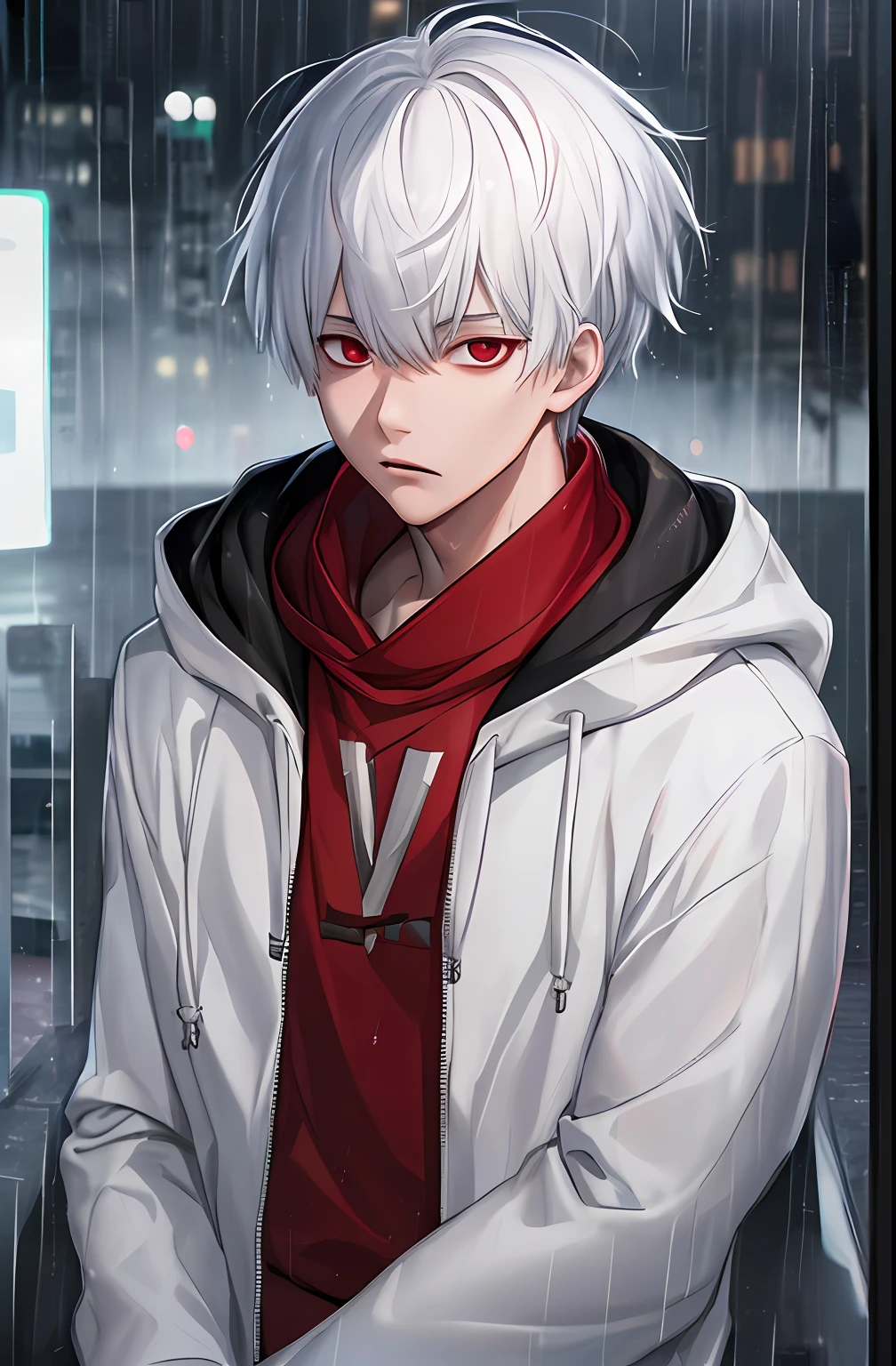 kk, best quality, more details, masterpiece, 1boy, kaneki ken, portrait, male focus, red eyes, solo, bangs, looking at viewer, hood, short hair, rain, tokyo tokyo \(city\),  hood up, nail polish, white hair, luxurious, 8k, detailed, ray tracing, depth of field, cinematic lighting,