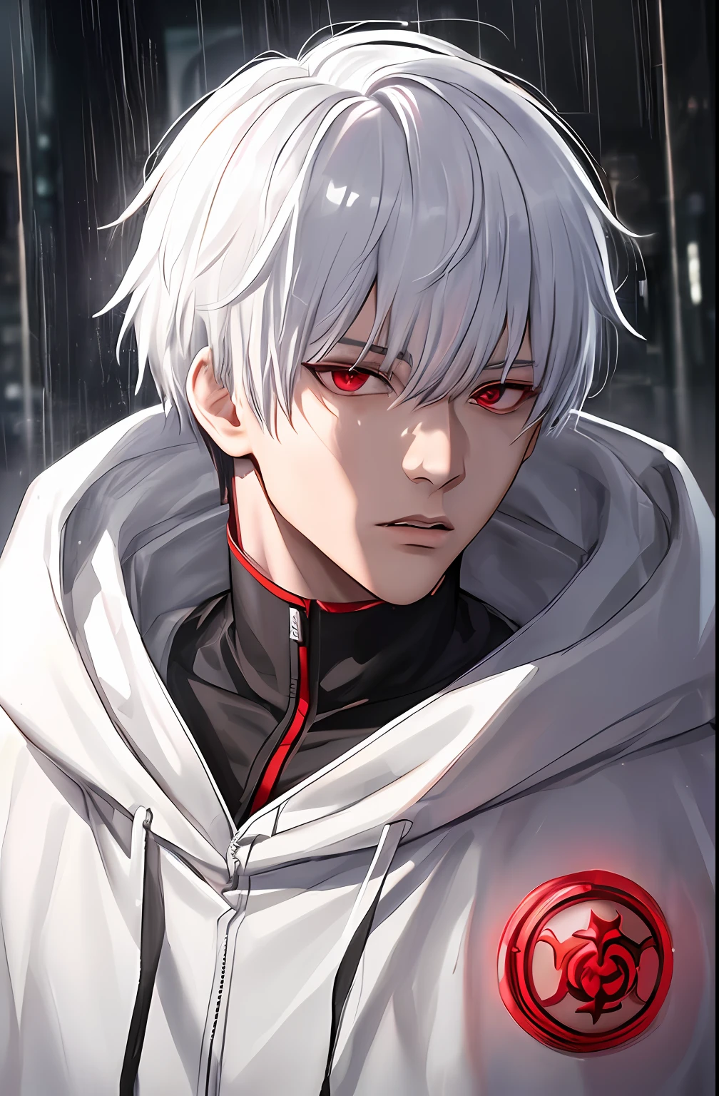 kk, best quality, more details, masterpiece, 1boy, kaneki ken, portrait, male focus, red eyes, solo, bangs, looking at viewer, hood, short hair, rain, tokyo tokyo \(city\), hood up, nail polish, white hair, luxurious, 8k, detailed, ray tracing, depth of field, cinematic lighting,
