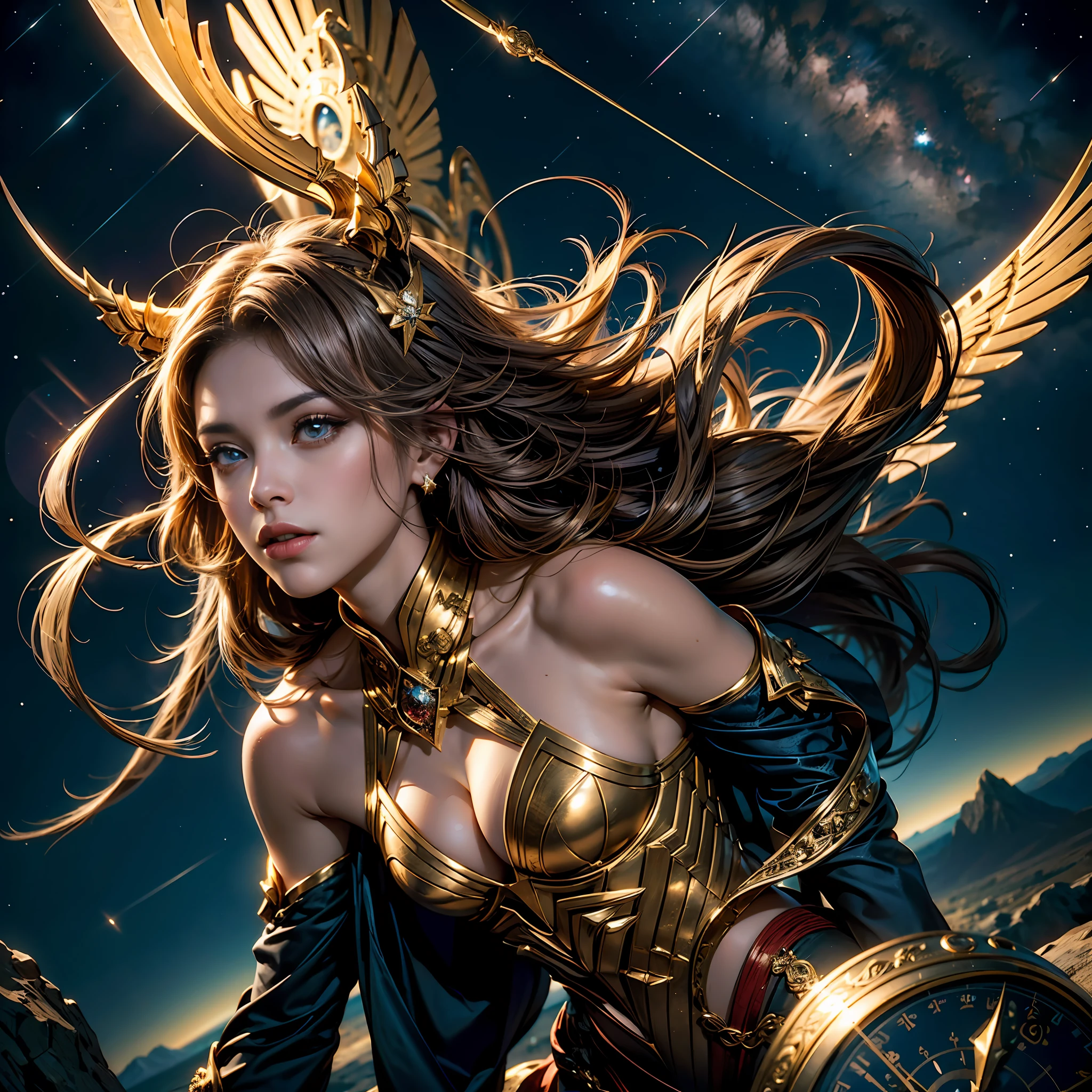 Sagittarius，Magical golden Sagittarius astrolabe，Sagittarius image, Half man, half horse，((Charming Sagittarius female character:1.2),(Sagittarius symbol:1.1),starryskybackground,The stars twinkle,A sense of mystery,Cosmic elements,Majestic and deep atmosphere,Gorgeous decorative details,mesmerizing eyes,long hair flowing,starlight embellishment,dream colors)