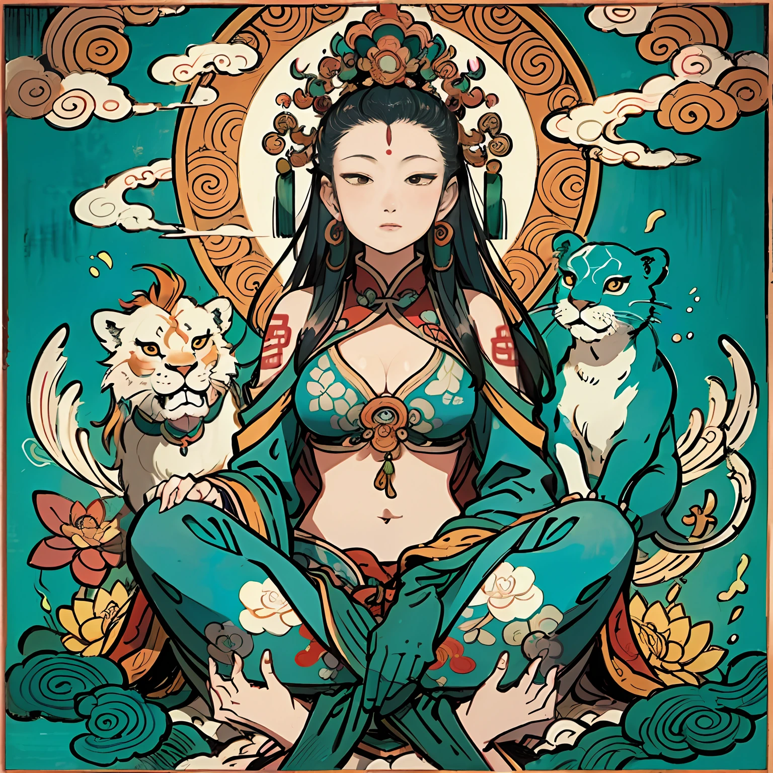 an ancient Chinese goddess, guanyin of the southern seas, Guanyin, Inspired by India, Avalokiteshvara rides a lion,Serene expression,shui mo hua,Buddha,Buddhist,Lotus,Chinese painting style,Thangka style