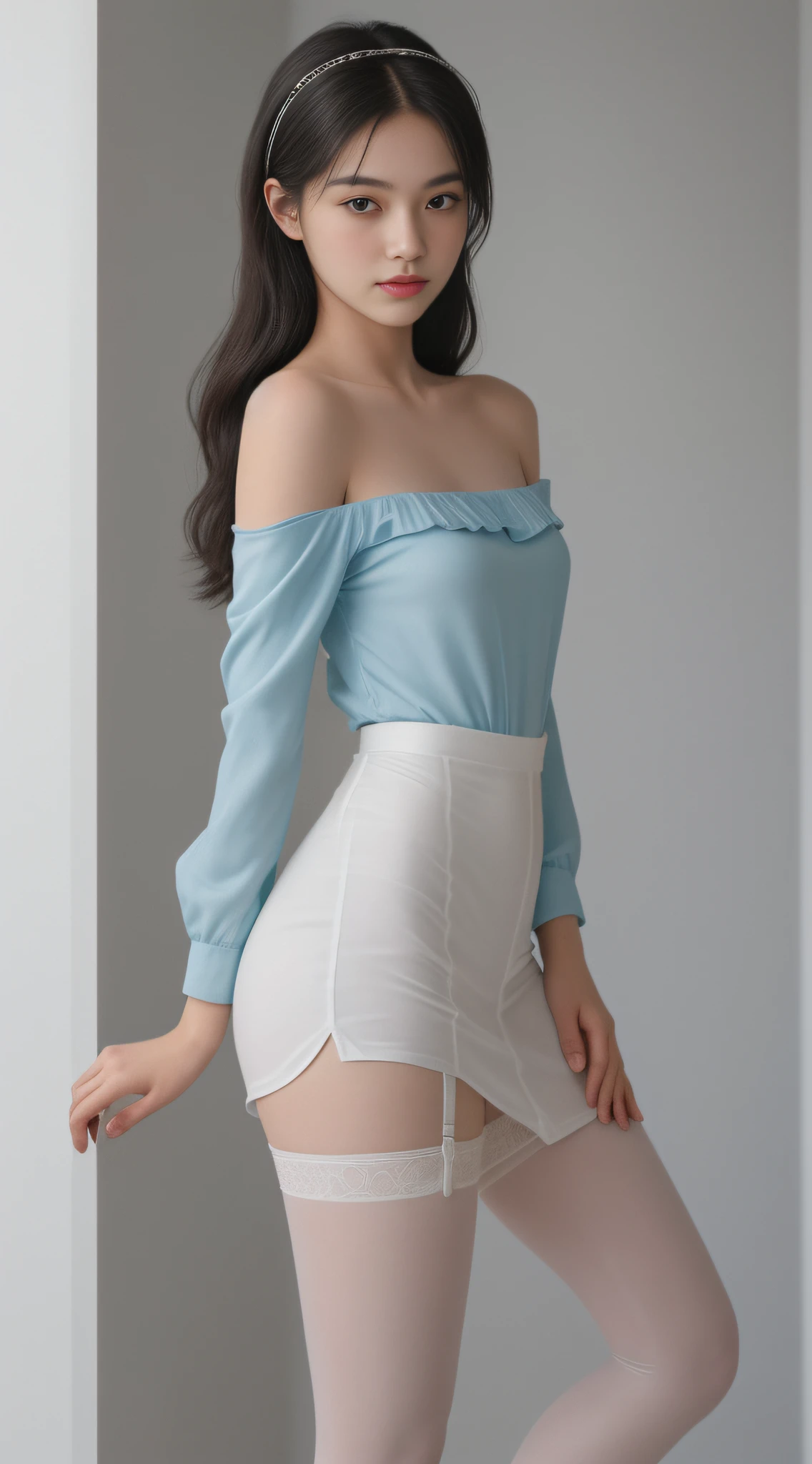 best qualtiy, hyper-high detail,Overlooking,ssmile,Full body like,18-year-old woman,Transparent skin,Refined face,Coiled hair,Hairpins,Hairpins,a ball head,The shirt,Tight hip wrap,slimfigure,Smaller bust,cropped shoulders,Harnes,Transparent stockings,The most beautiful body curves,ellegance,outside