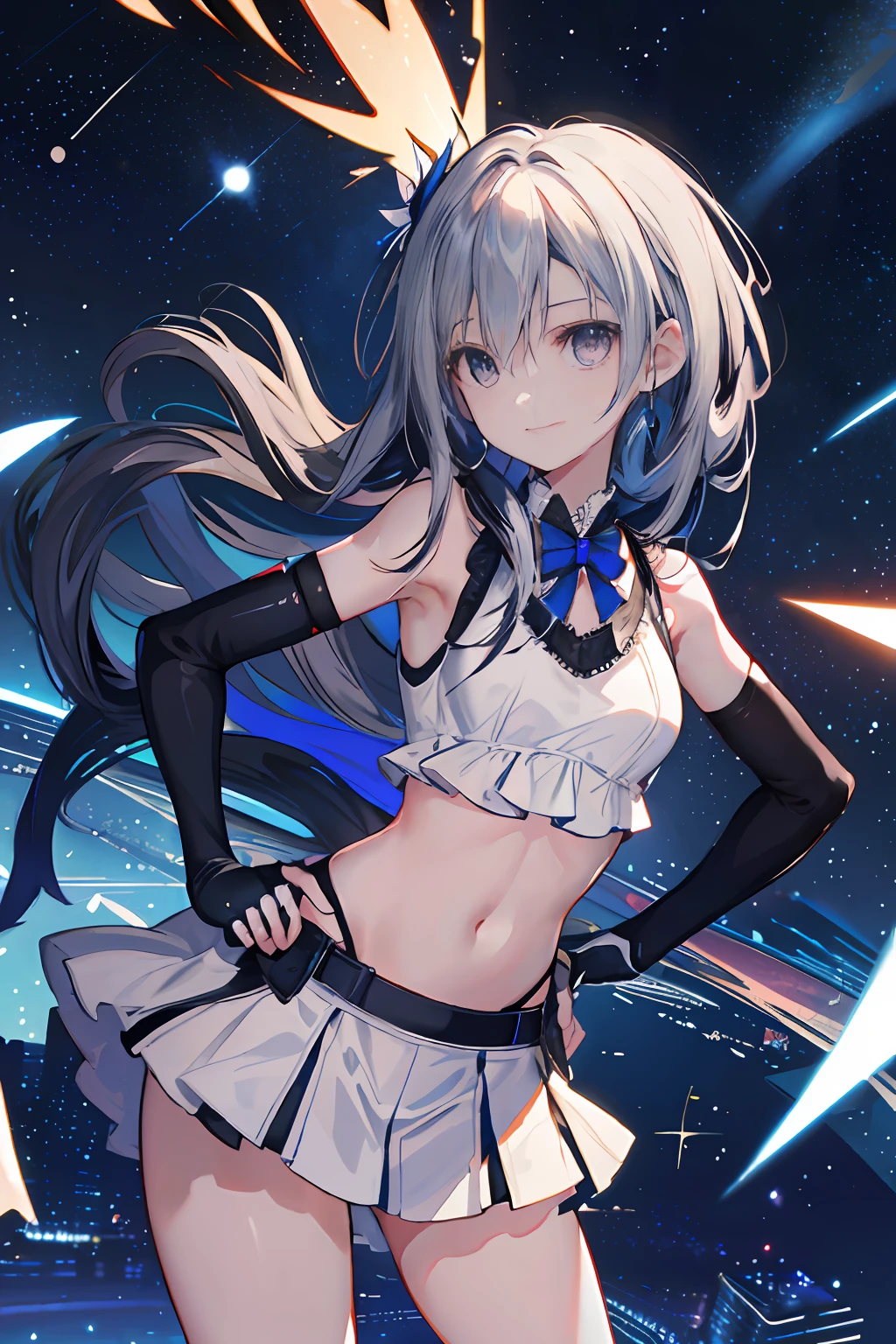 1girl, solo, absurdres, best quality, (smug smile:1.2), white hair, blue eyes, sleeveless dress, hair ornament, black dress, short, side ponytail, long hair, outdoors, nighttime, night, city, stars, starry sky, small breasts, flat chest, white gloves, white stockings, (hands on hips:1.2), (portrait, straight on, POV, looking at viewer, upper body:1.3)