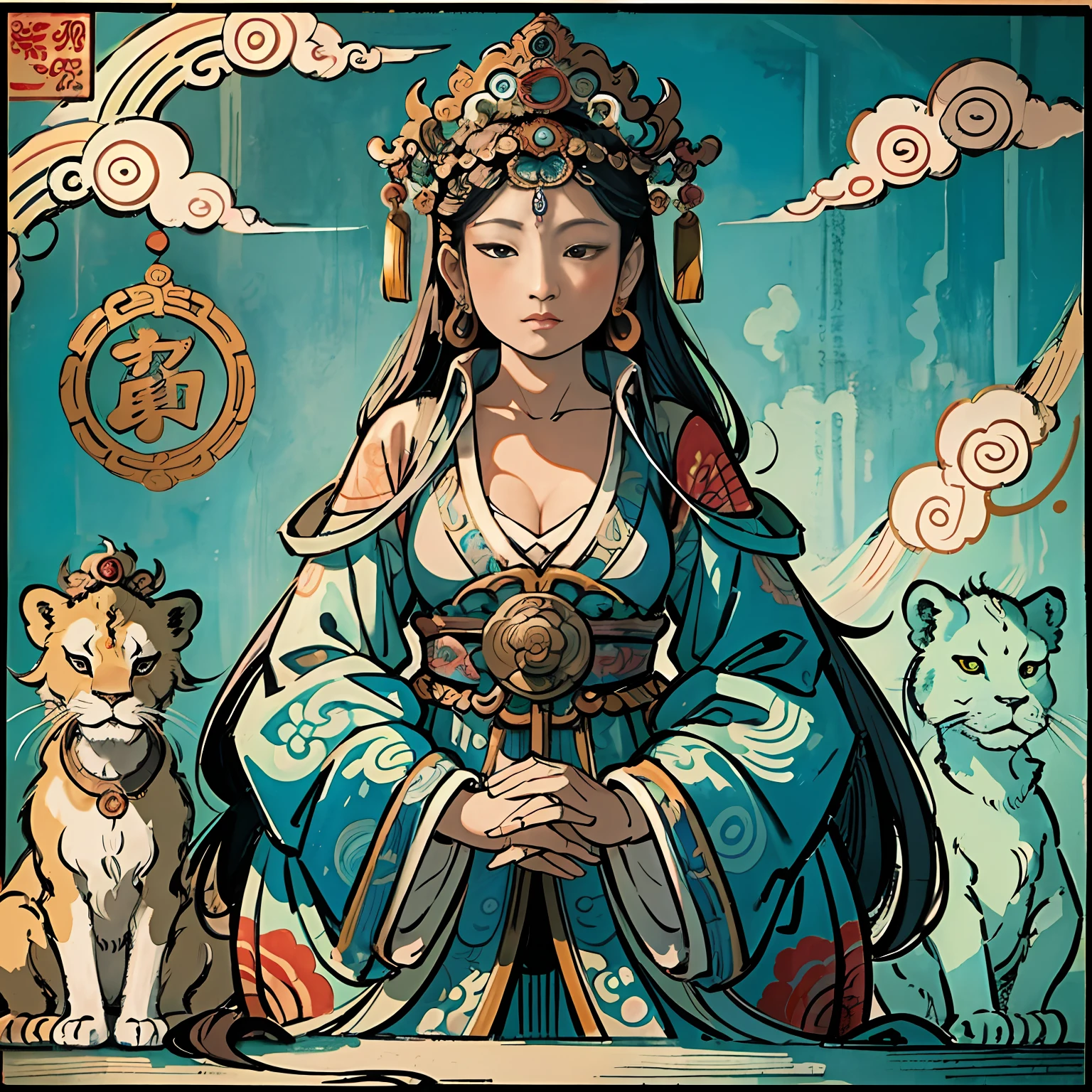 an ancient Chinese goddess, guanyin of the southern seas, Guanyin, Inspired by India, Avalokiteshvara rides a lion,Serene expression,shui mo hua,Buddha,Buddhist,Lotus,Chinese painting style,Thangka style