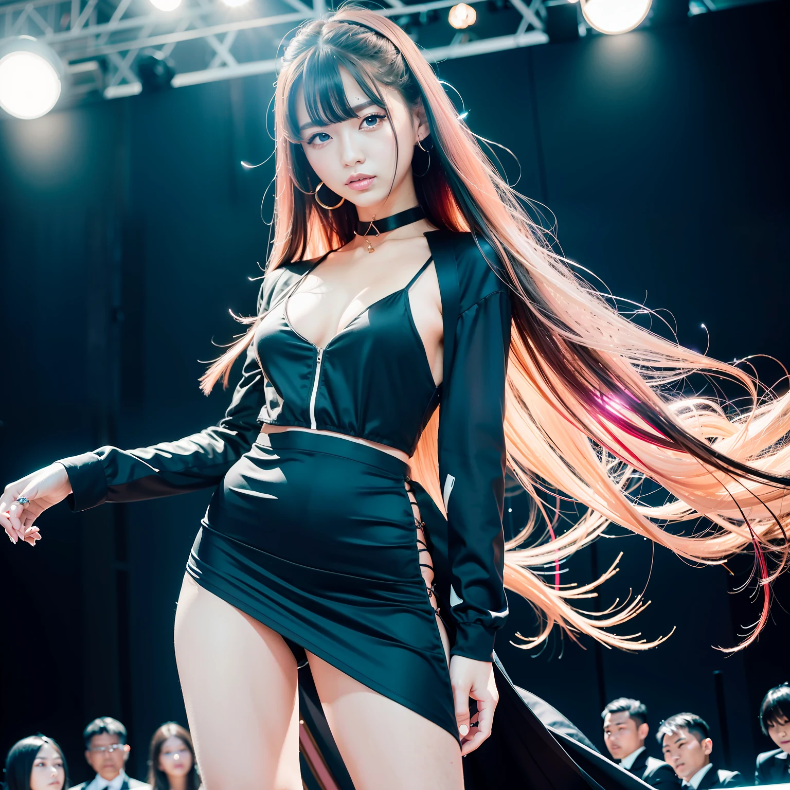 （8K分辨率，fully body photo，photorealestic，Wallpapers），（1 female，age 22，（digital model：Nanako Matsushima ：1.8），（Thin bone face，s delicate face），com rosto detalhado，（Delicate Japanese makeup），Beautiful face，hyperdetailed face，详细的脸，Black colored eyes，（Look into the distance），Hairstyle micro-curls，（Color gradient，Windswept hair，Messy has layers），Redlip，Fair smooth skin，（Best Skin Type：1.21），mediuml breasts，（Undershirt，long  skirt，Manteau，College uniforms，choker necklace，high-heels），perfect hand，Perfect posture，Dynamic Angle，Dynamic pose，Floating feeling，Ultra-fine makeup，Ultra-fine clothing material），（Stage performances，Exquisite stage details，（Vista view of the catwalk，Outdoor catwalk，Tokyo fashion show，Kansai Hanakui Contest，neonlight，The audience in the audience，Model on the catwalk）），（ardent，excited，ssmile），（Various stage lights，动态照明），（The color is bright，Bells and whistles，Reserved，ellegance（white colors，black in color，in pink，purpleish color，blue colors）），（Golden section，Cinema lenses，Hasselblad photograp，tmasterpiece：1.3），（Pure and cute，dream magical，Little woman，trendsetting，Street style，Artis，Art platform））
