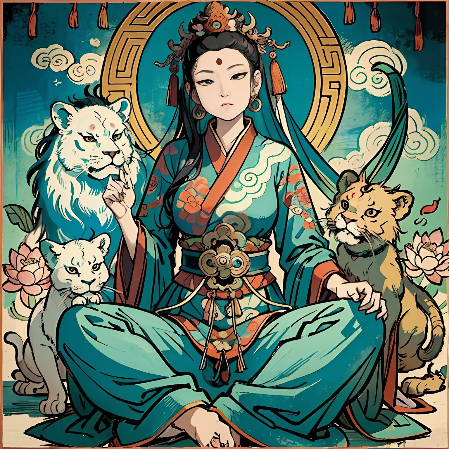 an ancient Chinese goddess, guanyin of the southern seas, Guanyin, Inspired by India, Avalokiteshvara rides a lion,Serene expression,shui mo hua,Buddha,Buddhist,Lotus,Chinese painting style,Thangka style