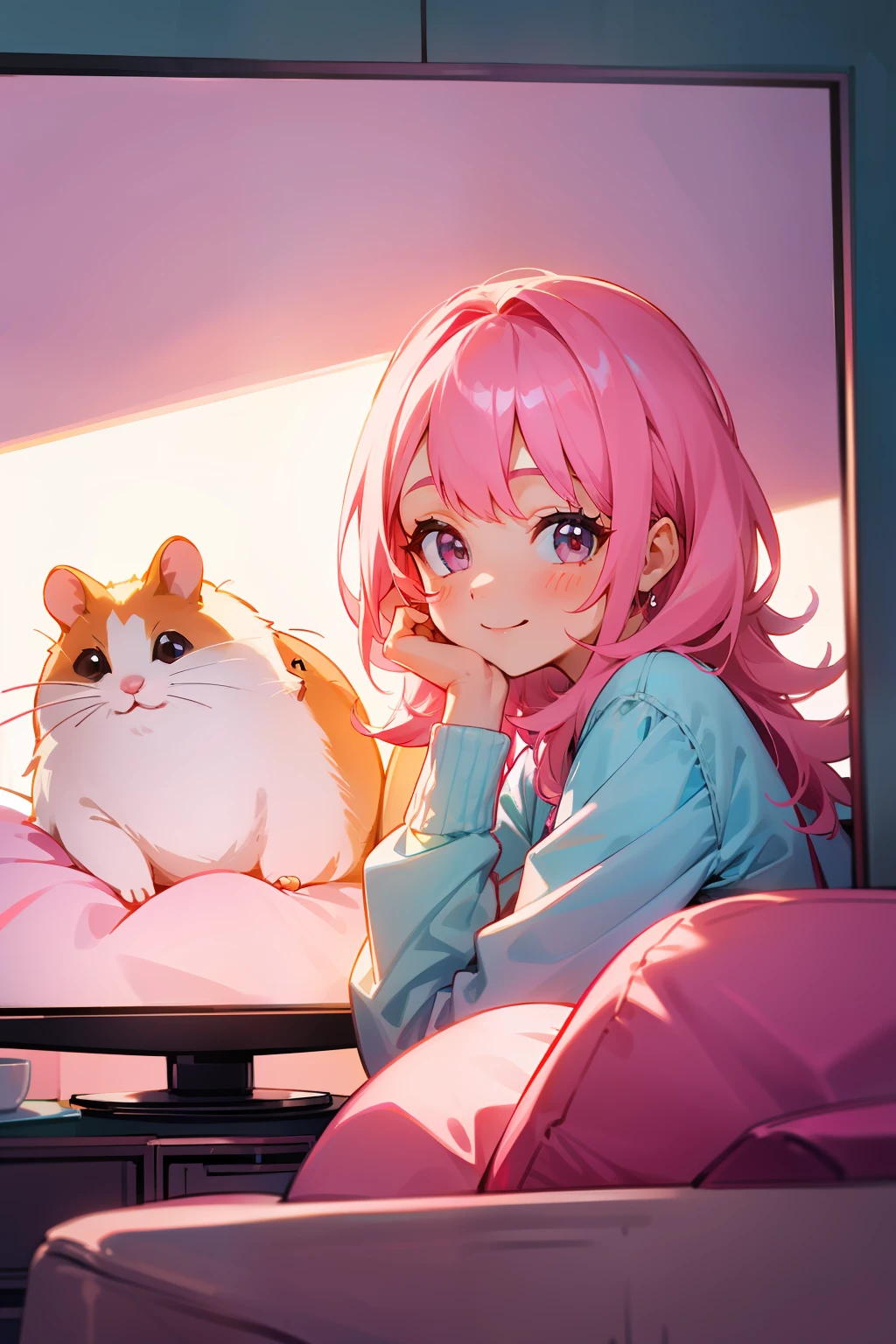 Cute lady hamster, watching tv, Sweet smile, Soft pink hair, Happy scene