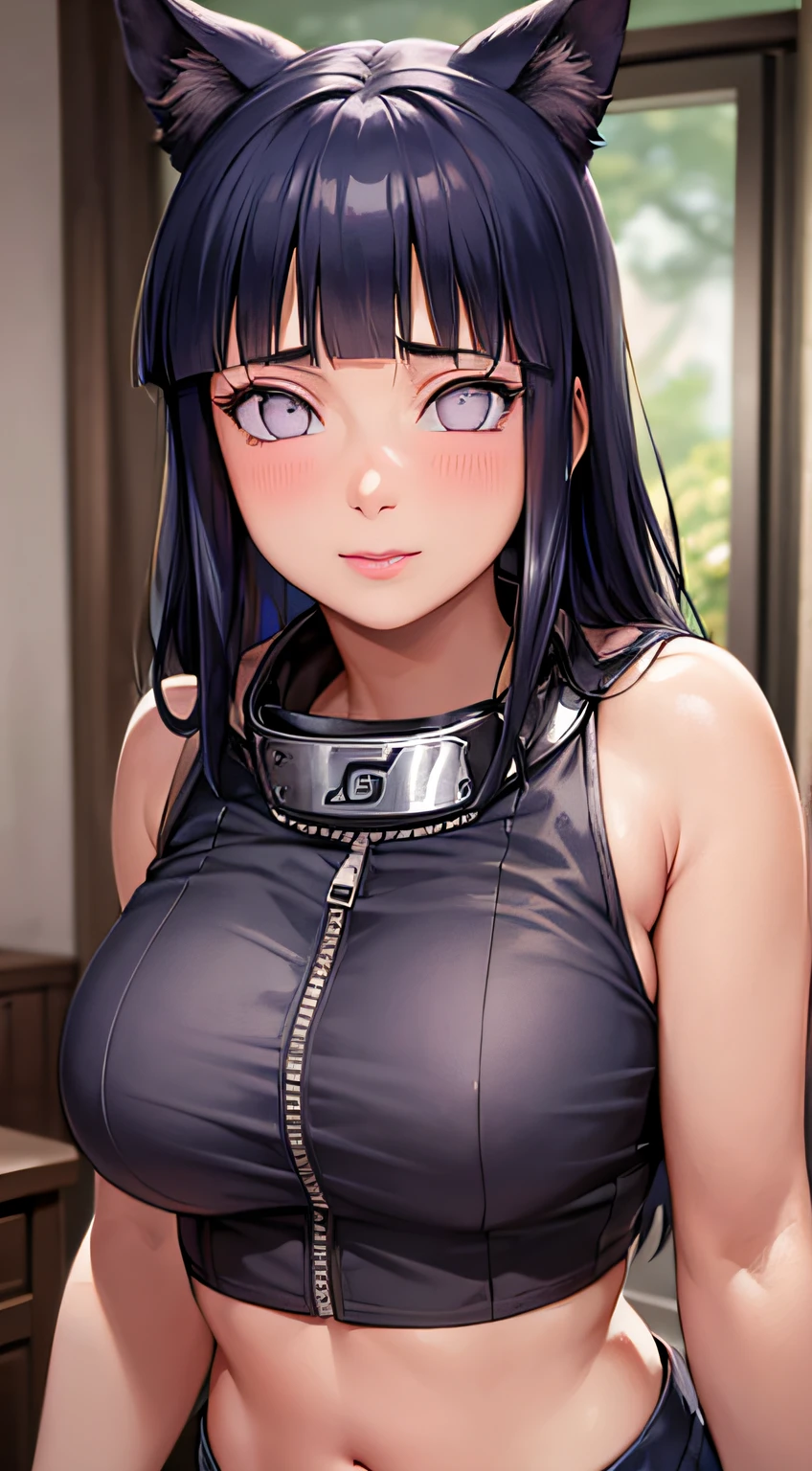 Masterpiece, highres, high Quality, detailed face, detailed body render, 1girl, solo, hyuuga hinata, hinata-sleeveless-outfit, large breasts, big breast, sleeveless shirt, fishnet top, dark lips, unzipped jacket, no bra, breasts out, nipple, standing, blushes, (on bedroom)