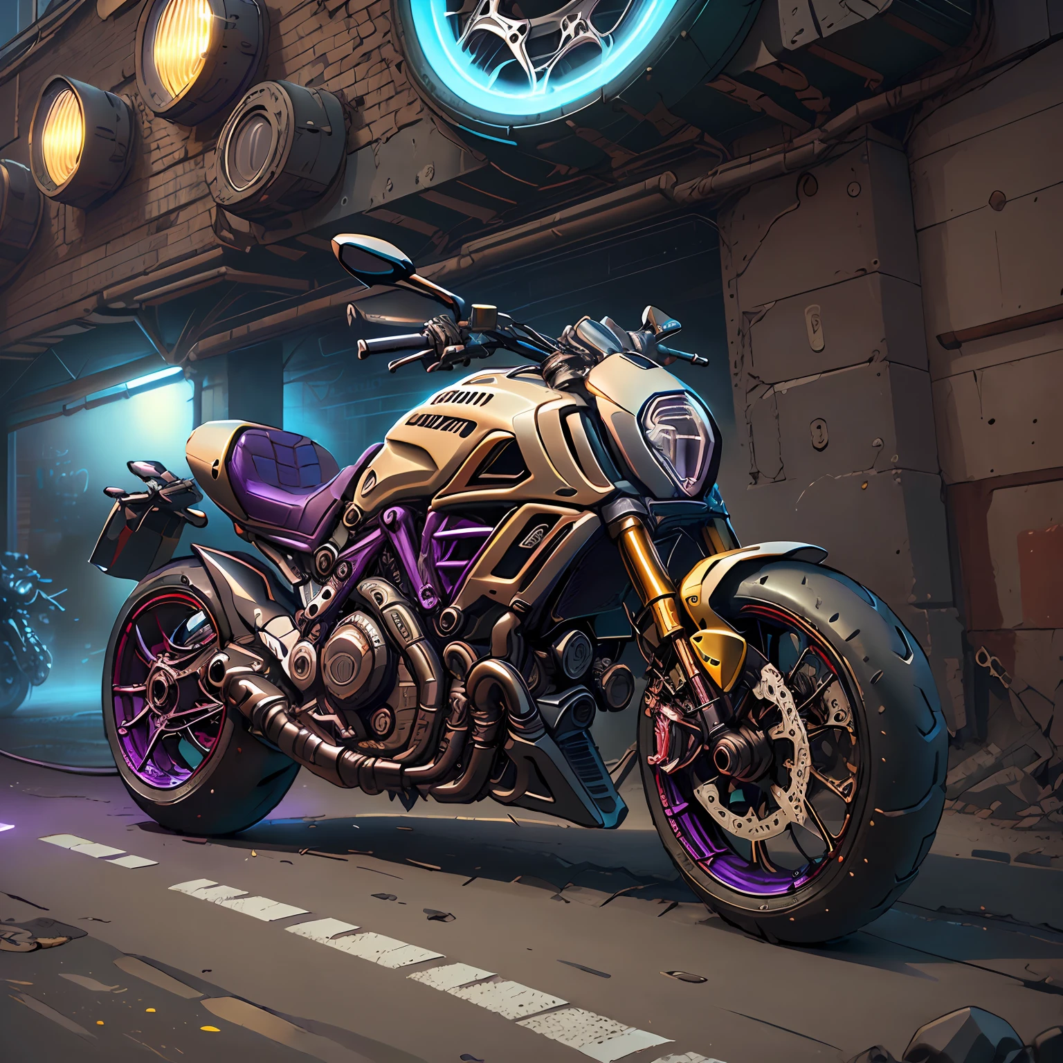 (Ducati Diavel|,(total view) ,Mad Max CogPunkAI ,Cores 64 k, (Purple lemon neon),4D ,rota 66