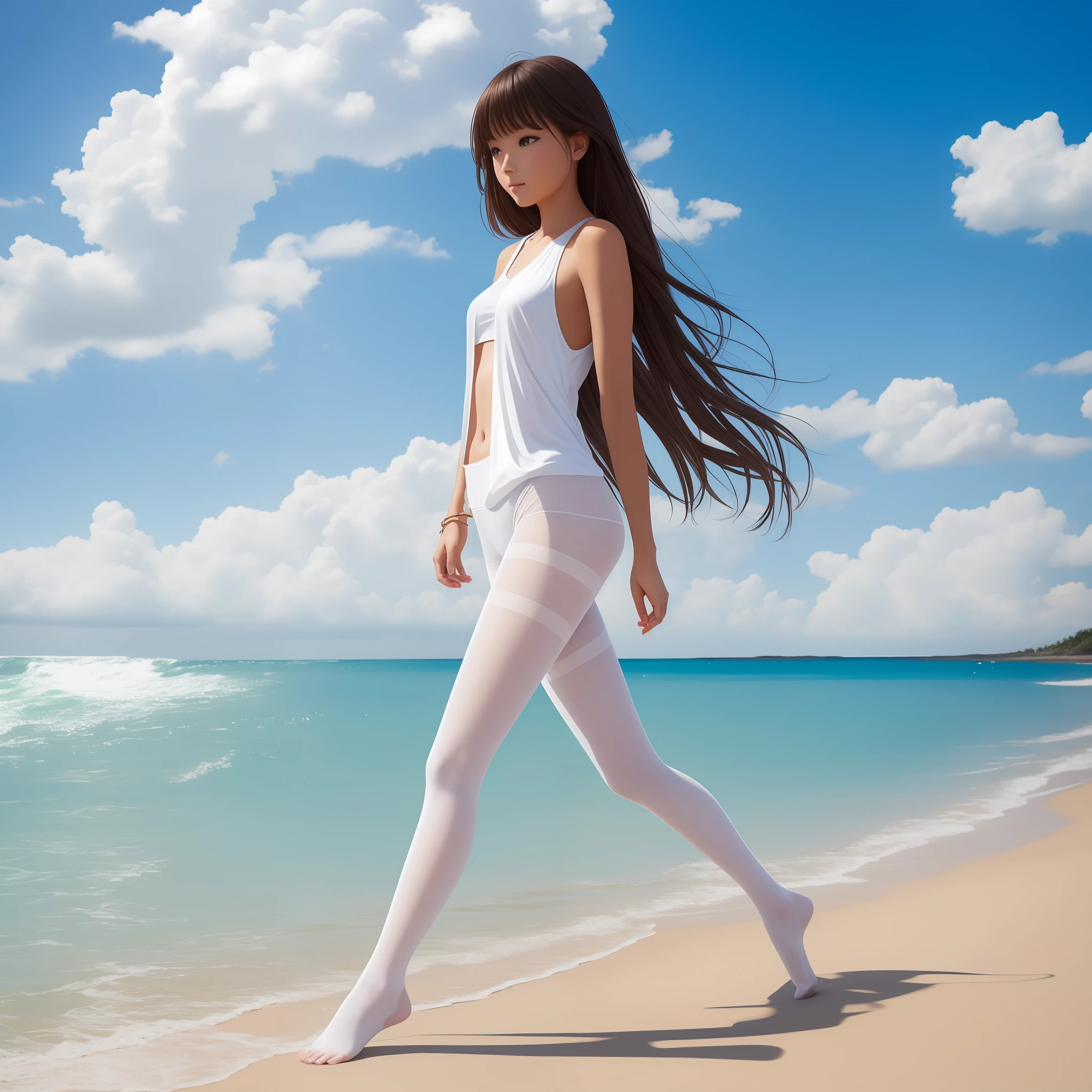 tmasterpiece,best qualtiy:1.4),Smooth movement,(1girll),(highest details),lacepantyhose,without wearing shoes,vests,Whole body diagram,beachside,taking a walk,Lazy,playing water