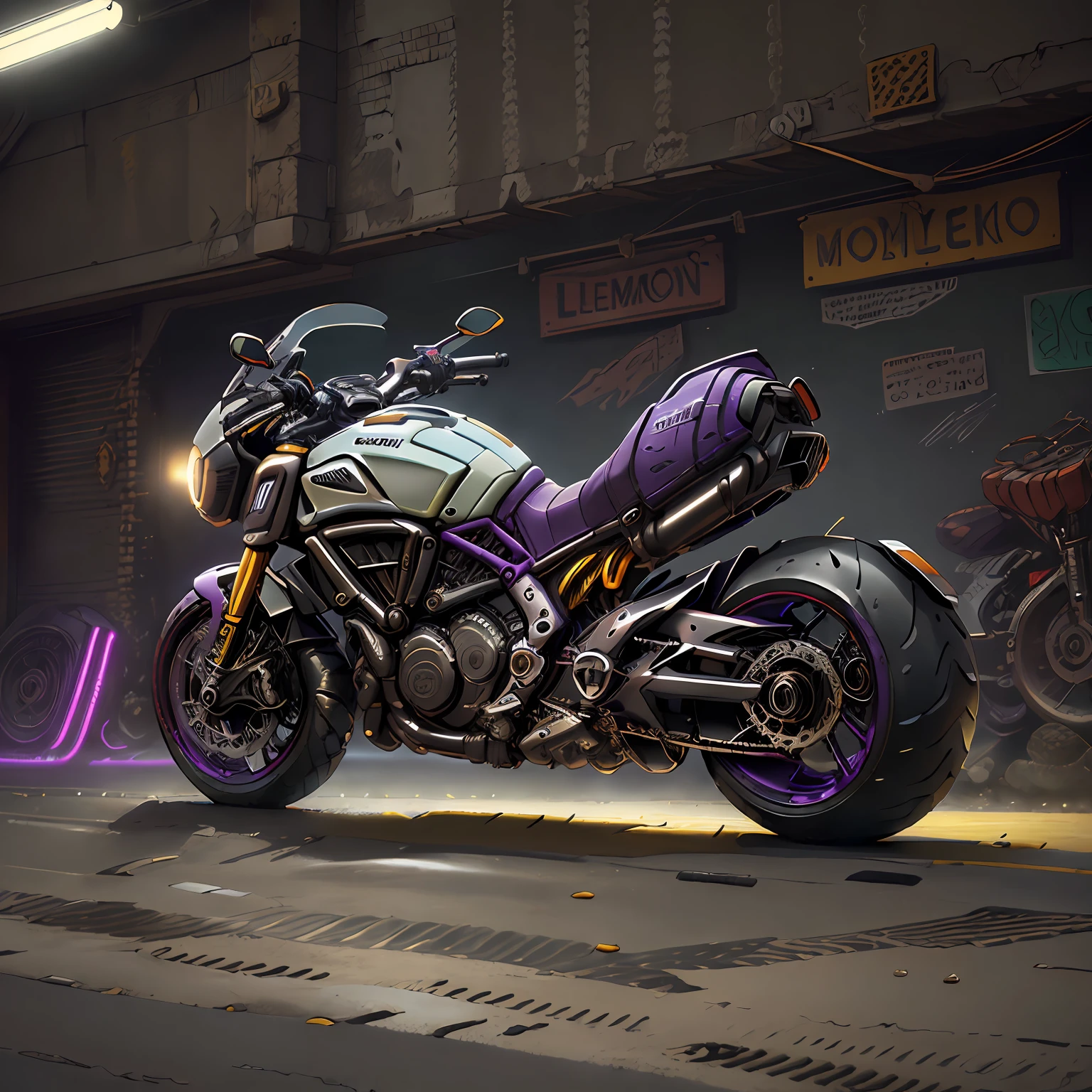 (Ducati Diavel|,(total view) ,Mad Max CogPunkAI ,Cores 64 k, (Purple lemon neon),4D ,rota 66