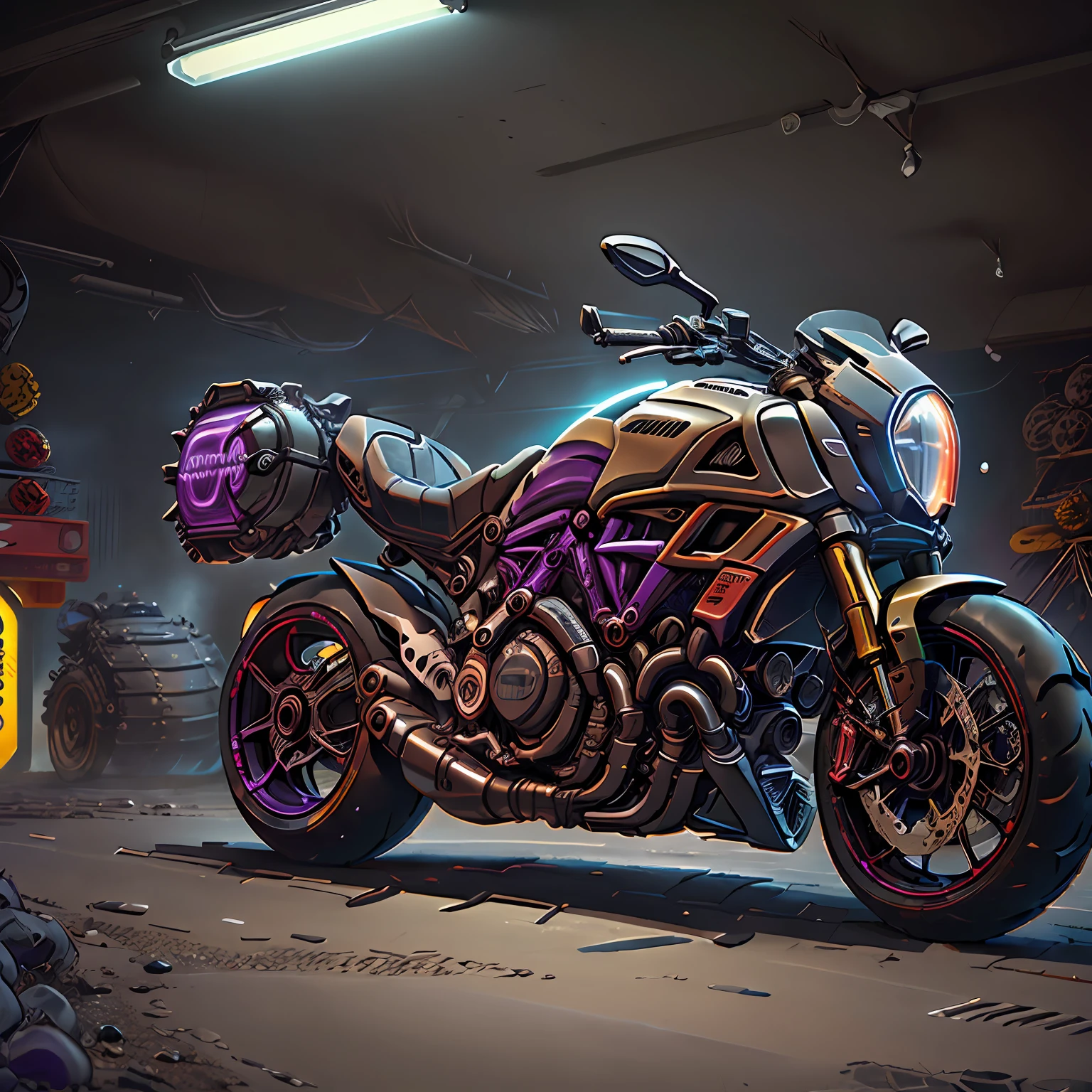 (Ducati Diavel|,(total view) ,Mad Max CogPunkAI ,Cores 64 k, (Purple lemon neon),4D ,rota 66