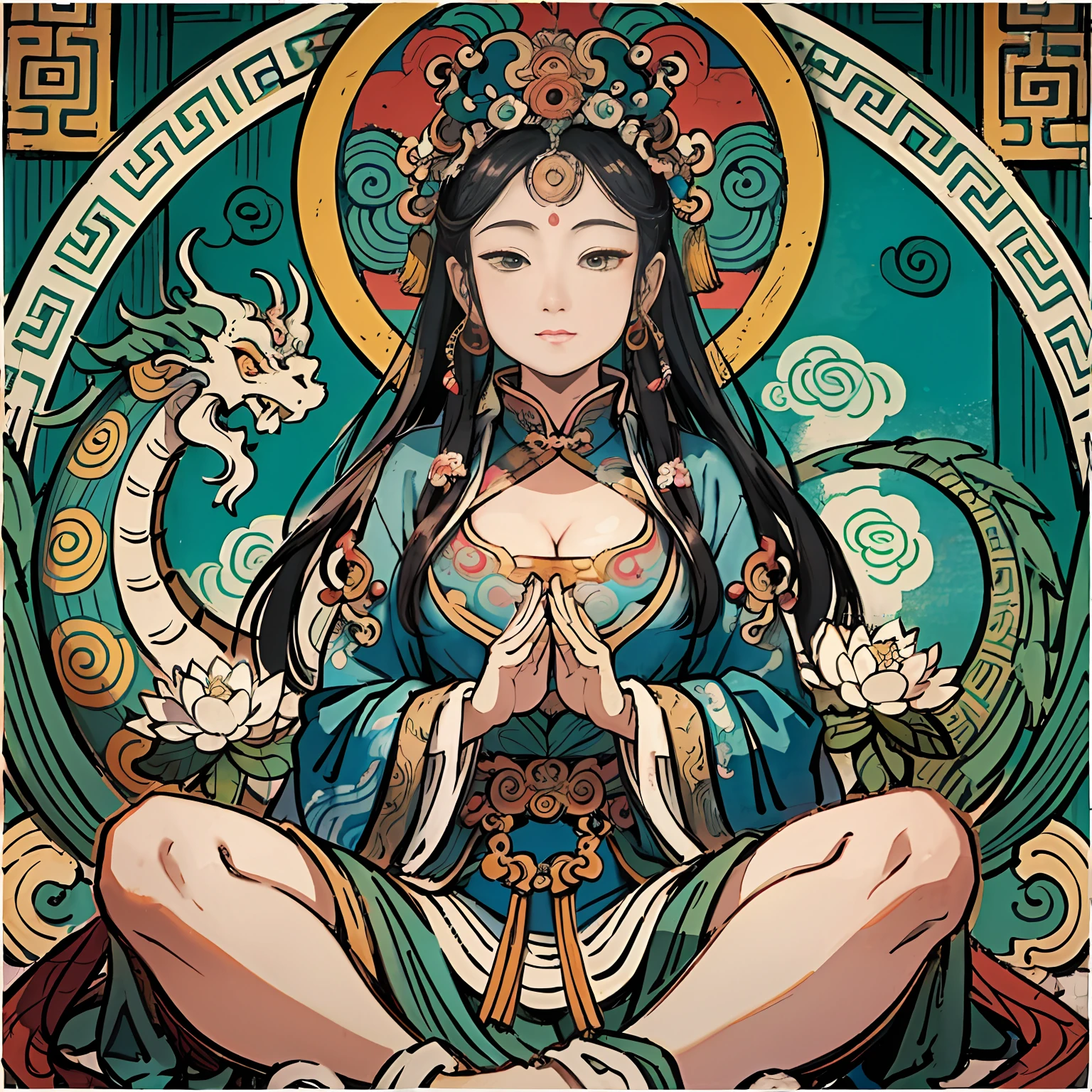 an ancient Chinese goddess, guanyin of the southern seas, Guanyin, Inspired by India, Avalokiteshvara rides a dragon,Serene expression,shui mo hua,Buddha,Buddhist,Lotus,Chinese painting style,Thangka style