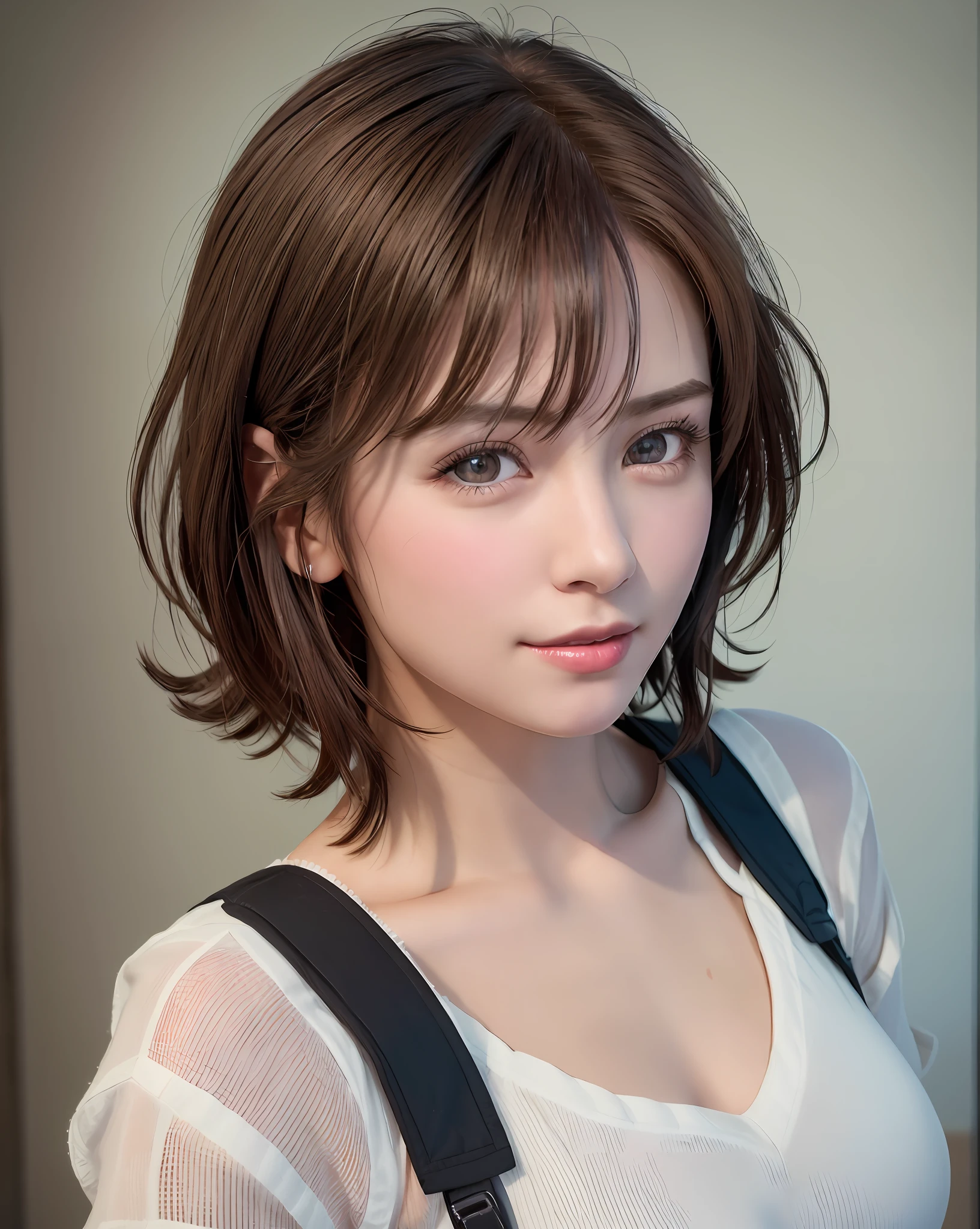 Best Quality, Ultra High Resolution, (Photorealistic: 1.4), Beautiful Eyes, Super Beautiful, Very Short Hair, Beautiful, Sweetheart, T-shirt with Rough Chest, Beautiful Soldier, Eyes That Invite Viewer, Lover's Perspective, Inviting Expression, Sexy Smile, Perfect Style, Perfect Balance, Detailed Skin, Naughty Gaze, Chest Visible