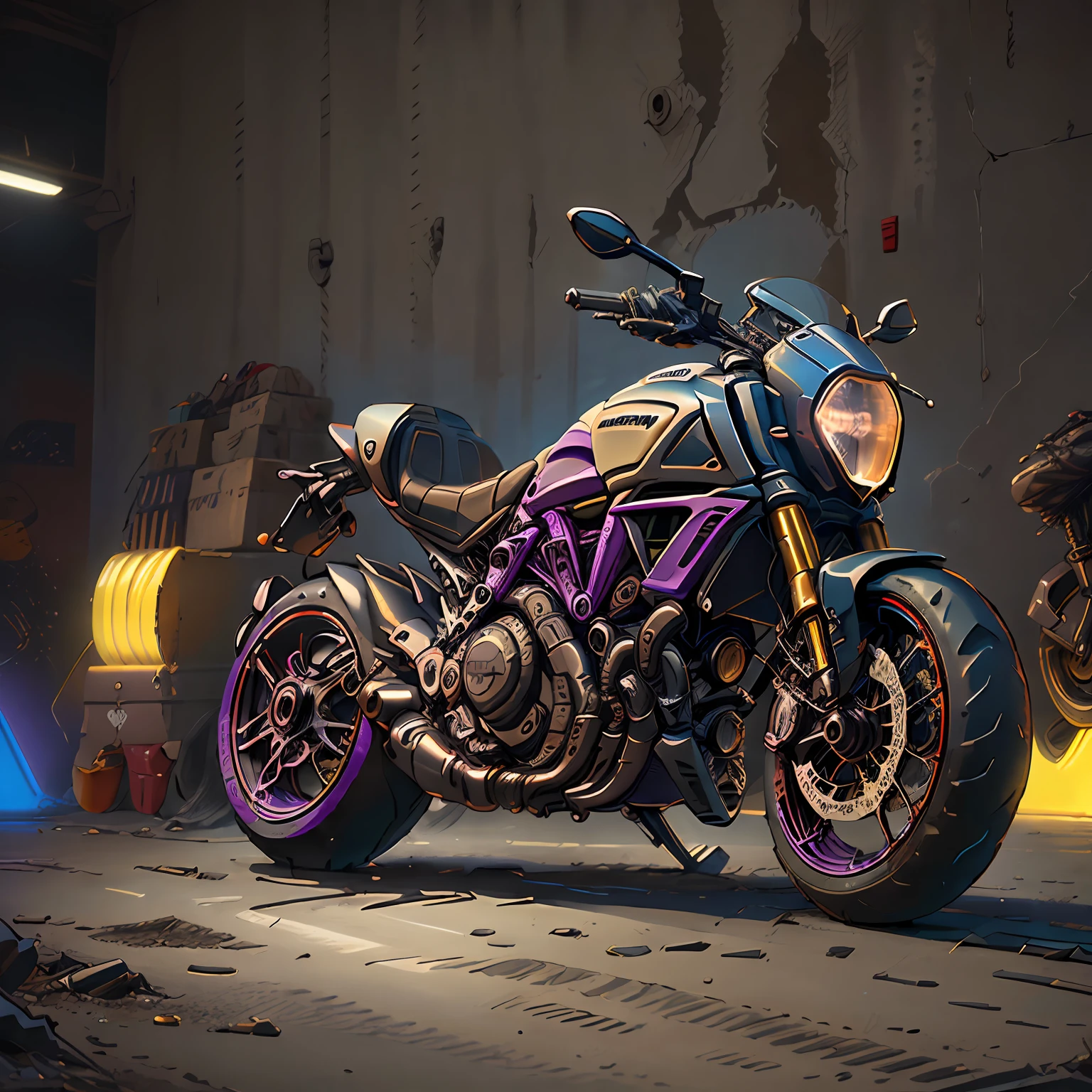 (Ducati Diavel|,(total view) ,Mad Max CogPunkAI ,Cores 64 k, (Purple lemon neon),4D ,rota 66