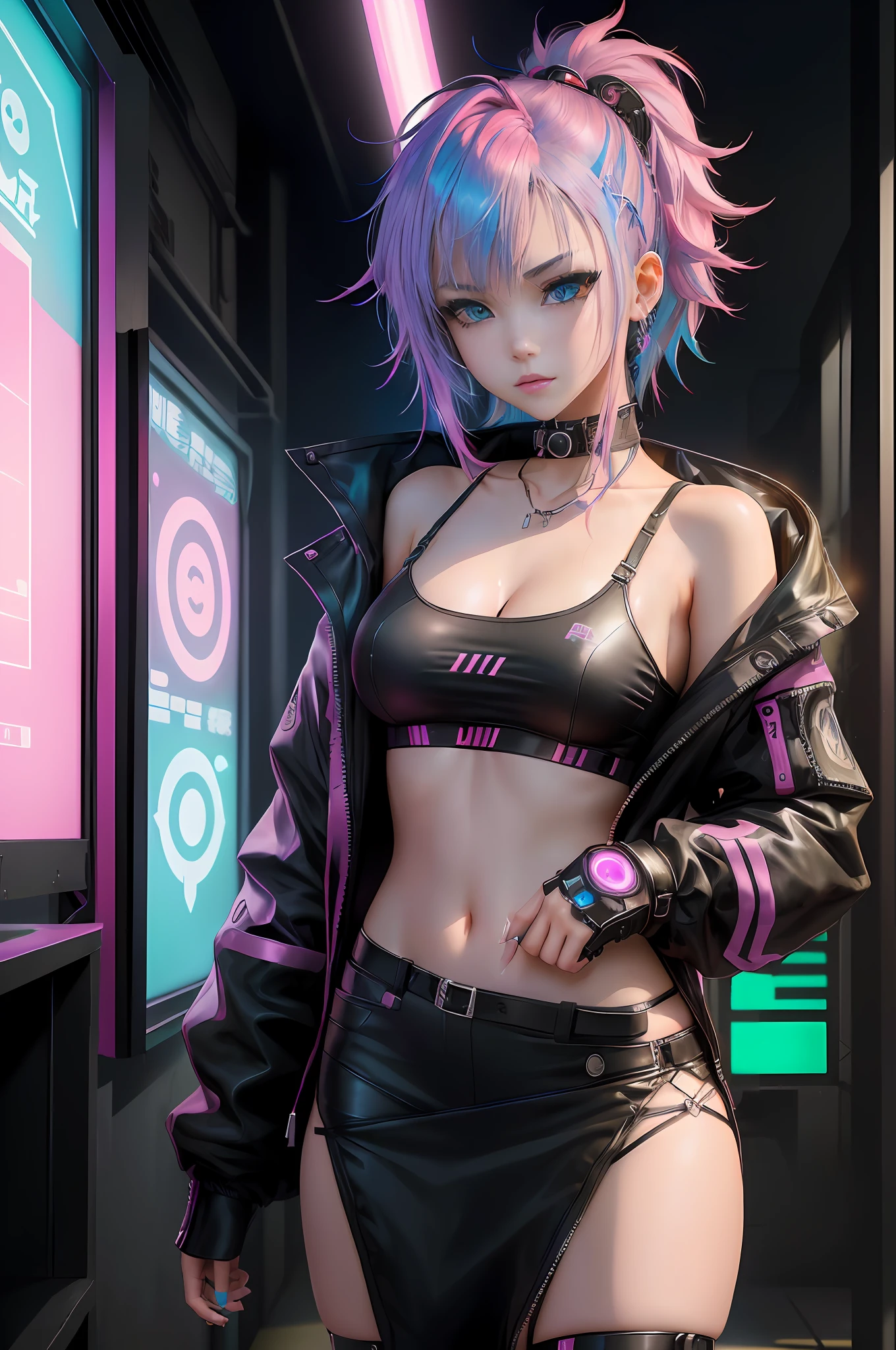 Anime girl in black leather jacket and black leather shorts, female cyberpunk anime girl, Cyberpunk Anime Girl, Digital Cyberpunk Anime Art, cyberpunk 2 0 y. o Model girl, dreamy cyberpunk girl, digital cyberpunk - anime art, anime cyberpunk art, anime style 4 k, an oppai cyberpunk, cyberpunk anime girl in hoodie, cyberpunk beautiful girl, Cyberpunk Girl, (cyberpunk anime art,Clear clear light blue eyes)