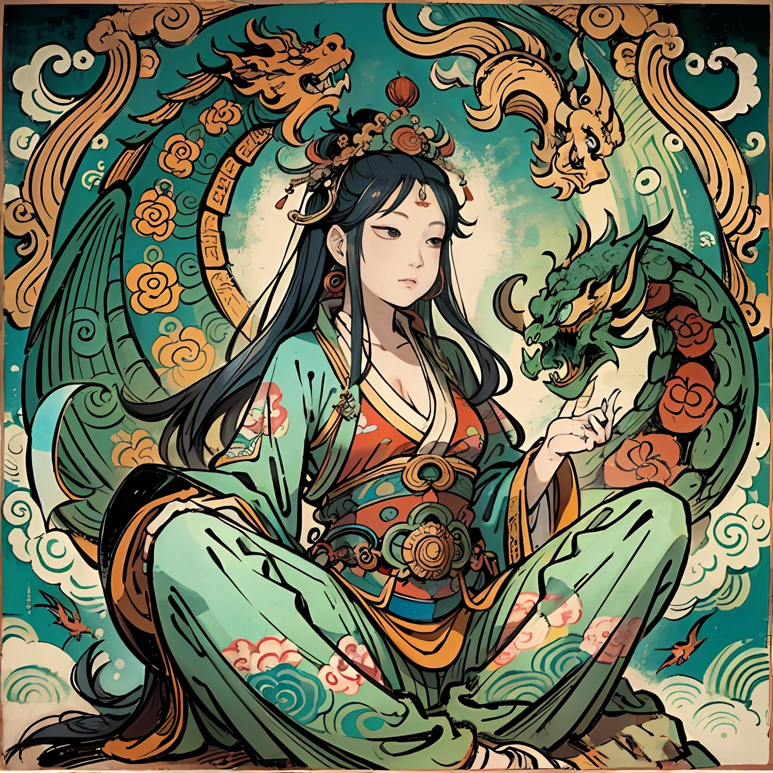 an ancient Chinese goddess, guanyin of the southern seas, Guanyin, Inspired by India, Avalokiteshvara rides a dragon,Serene expression,shui mo hua,Buddha,Buddhist,Lotus,Chinese painting style,Thangka style