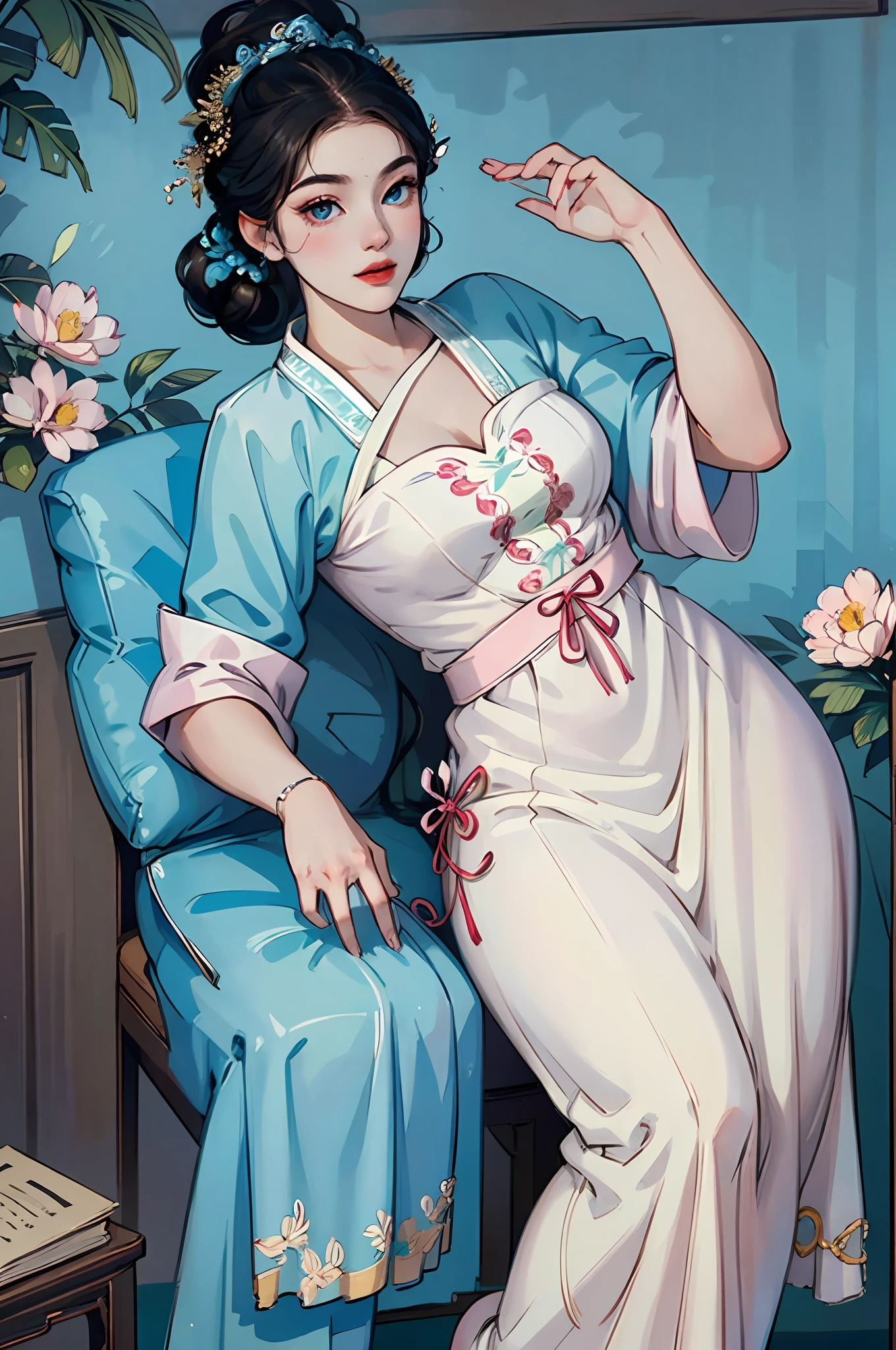 (((masterpiece, best quality, illustration, extremely detailed, 8k, 4k, 2k))), (beautiful eyes:1.5),1 beautiful young girl,13yo,cute,detailed big blue eyes,detailed eyes,pink cheeks,detailed blue chinese dress,full body,looking at viewers,posing,sitting on old chair, more_details:-1, more_details:0, more_details:0.5, more_details:1, more_details:1.5 --auto