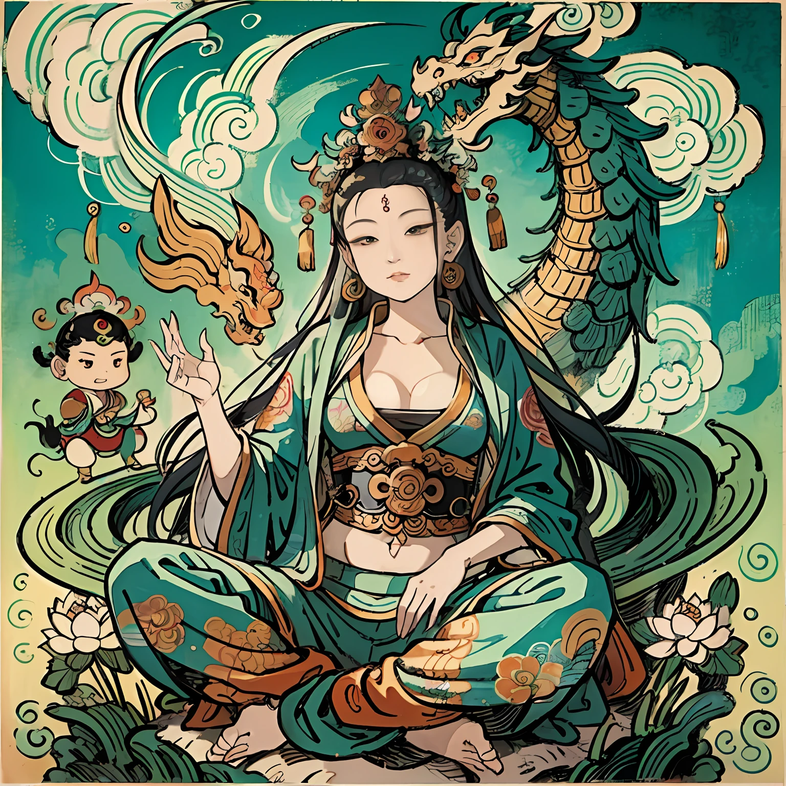 an ancient Chinese goddess, guanyin of the southern seas, Guanyin, Inspired by India, Avalokiteshvara rides a dragon,Serene expression,shui mo hua,Buddha,Buddhist,Lotus,Chinese painting style,Thangka style