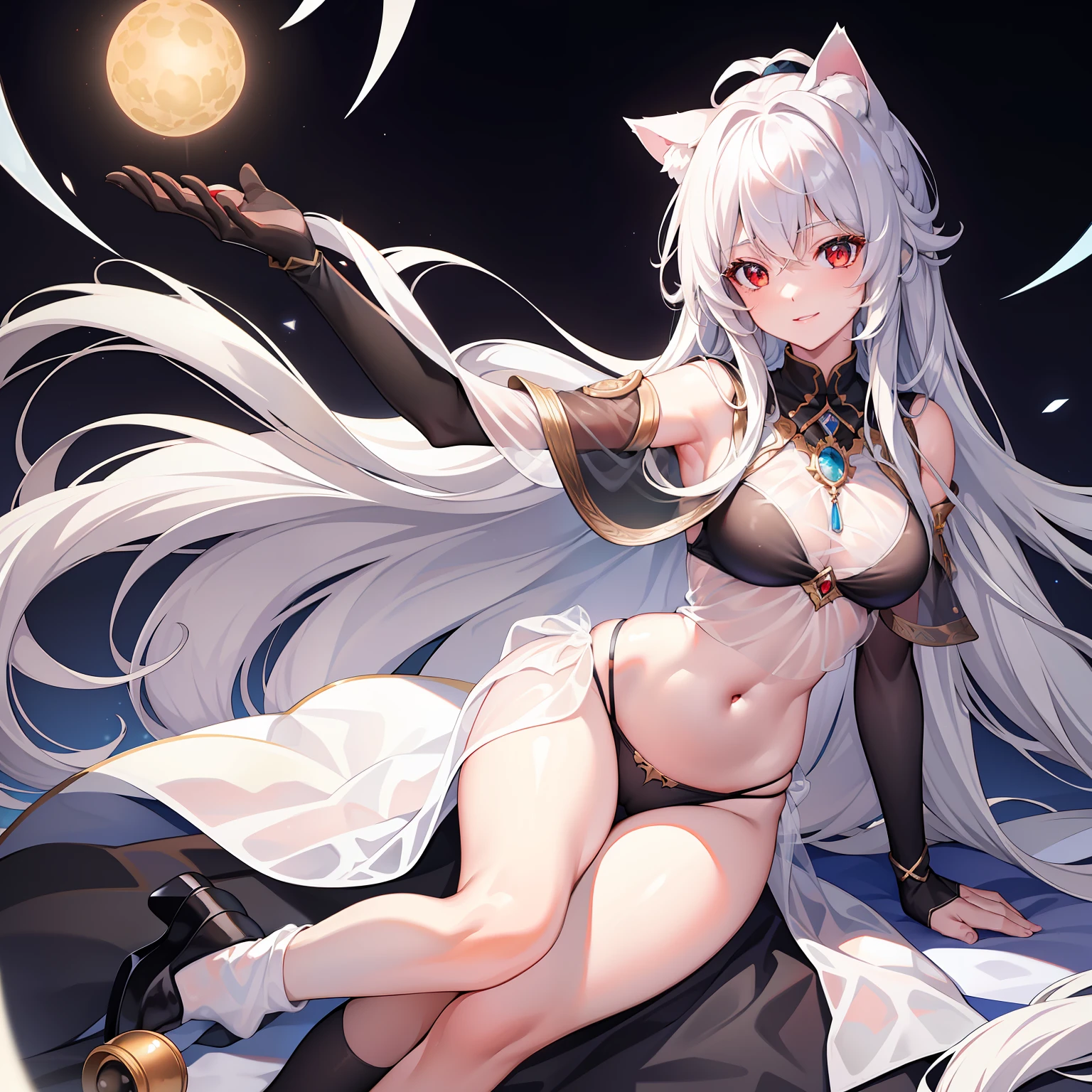 (Masterpiece), (Best quality), full bodyesbian,Simple background, 1girll,Shiny hair,White hair, White cloak, ((See-through)),navel,Light smile,((black sock)),black_Bikini ,navel，cat ear, Long hair， Red eyes，(Gushki thighs:1.2), Beds