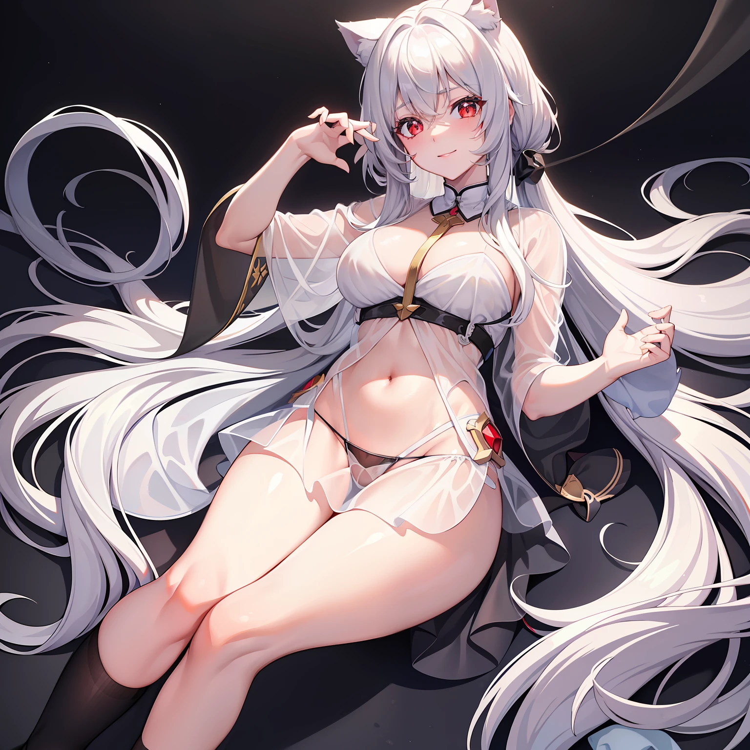 (Masterpiece), (Best quality), full bodyesbian,Simple background, 1girll,Shiny hair,White hair, White cloak, ((See-through)),navel,Light smile,((black sock)),black_Bikini ,navel，cat ear, Long hair， Red eyes，(Gushki thighs:1.2), Beds