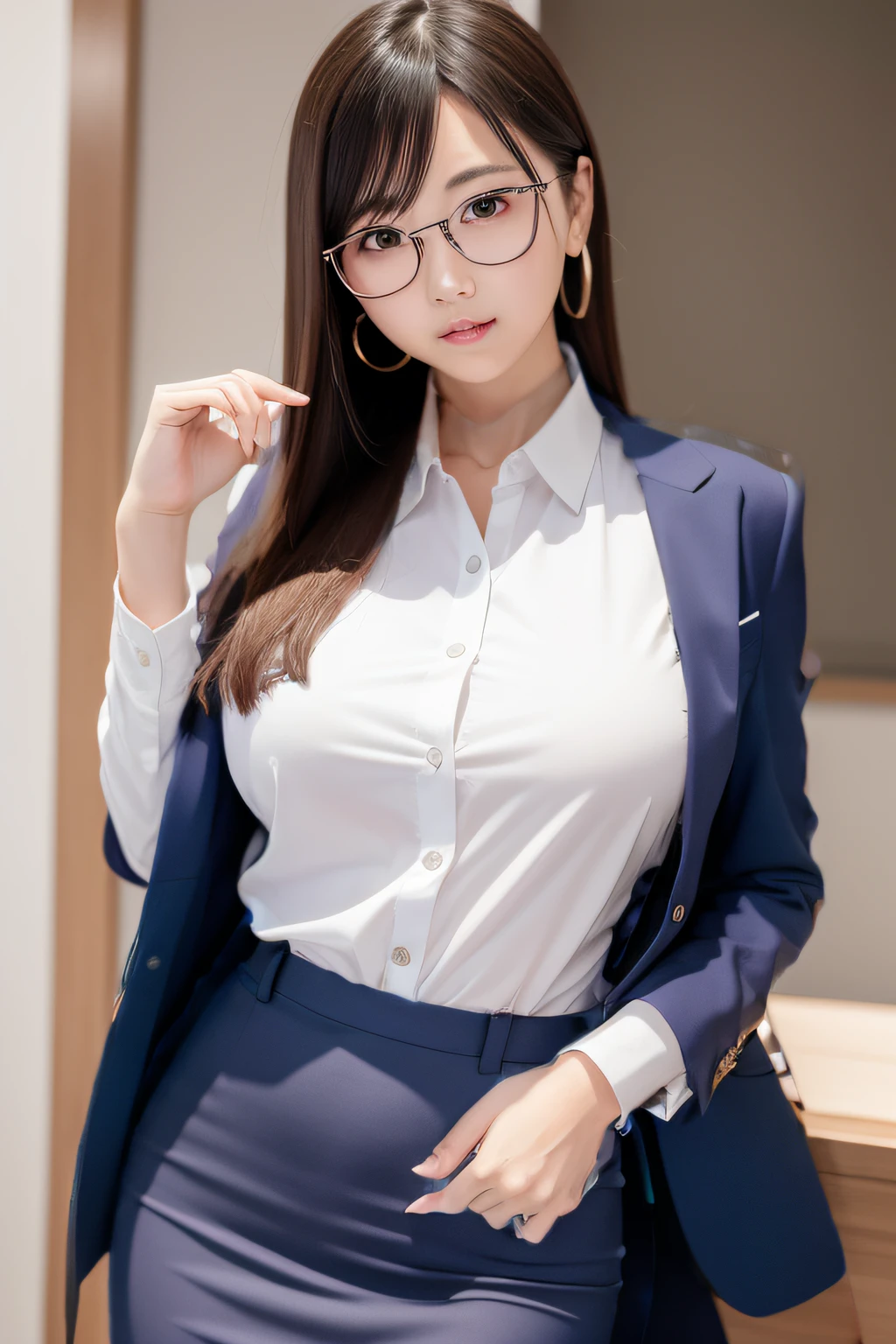 business sui、White Y-shirt、Button off only for the top and second、large full breasts、jpn