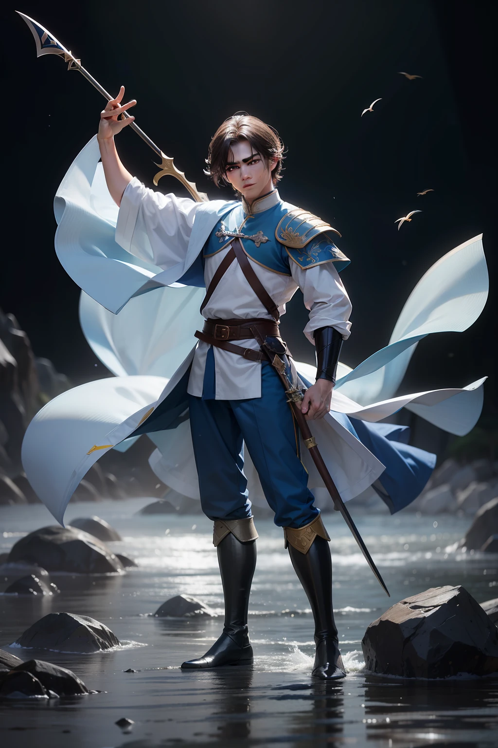 realista, homem jovem, asiatic, magro, guerreiro, cabelo comprido, cabelo amarrado em um coque, armaduras prateadas medievais, roupa azul e offwhite, roupas medievais, blue pants, botas, He's manipulating the water, dinamic pose