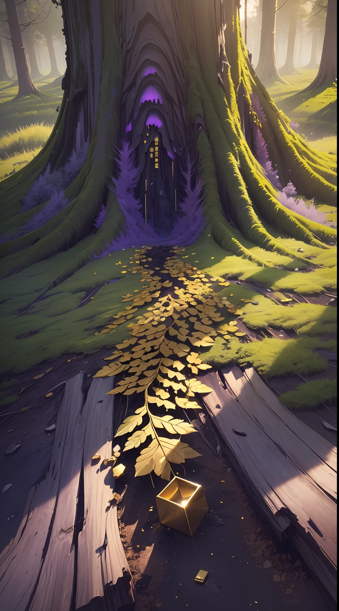 some amount of Gold are dropping down in the left side of the image, not so mush not creepy. there is a long long tree which its top out of upper edge of image. main colors of the image is dark purple. some youtubers are picking up the golds down there. and clock is ticking second by second.