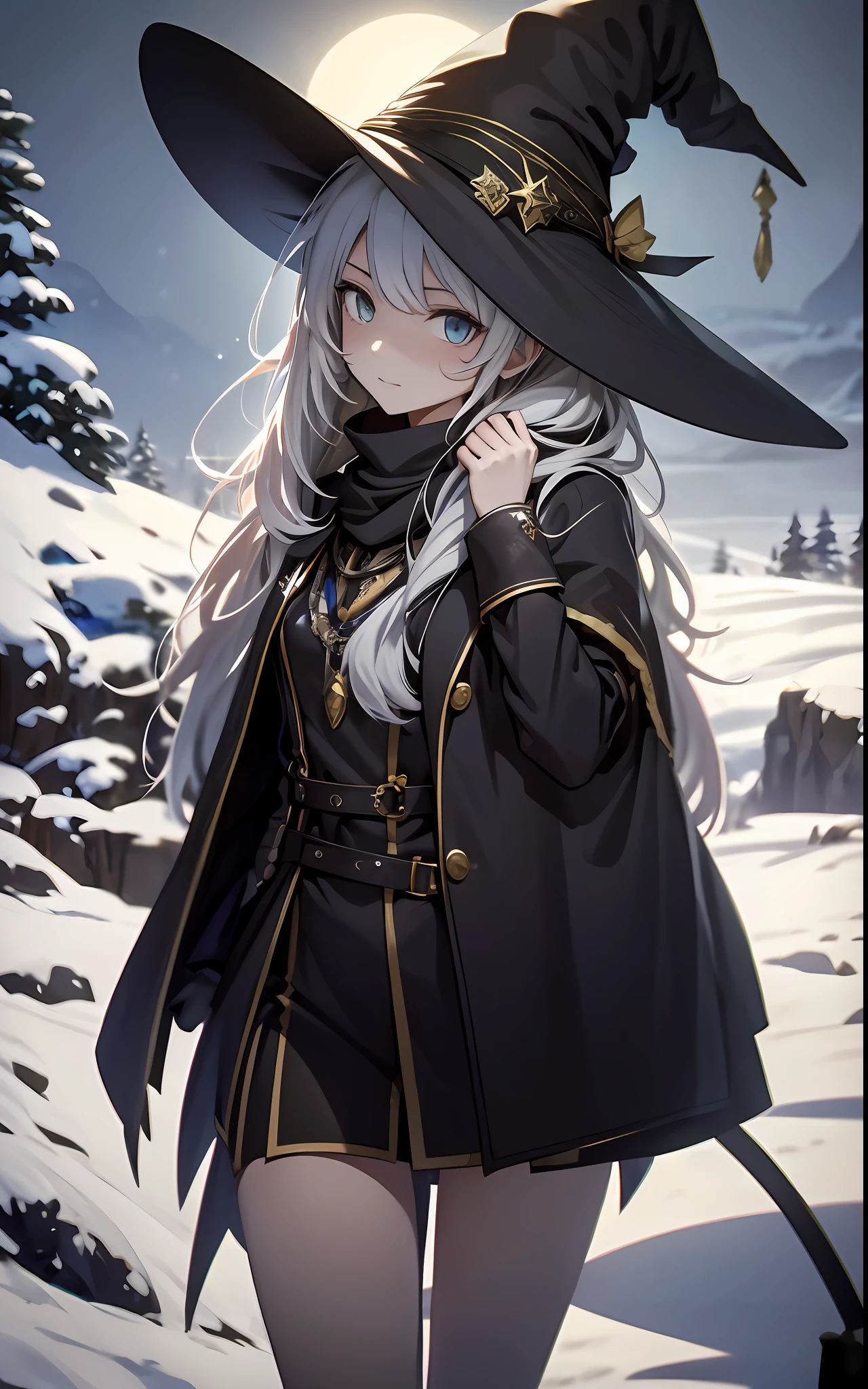 best qualityer,tmasterpiece,Ultimate resolution,downy,Extremely colorful,Colorful,the witch,sliver long hair,hair-bun,a matural female,Witch long-distance running,Magic hat,snow country,The Lost Snow,Normal posture