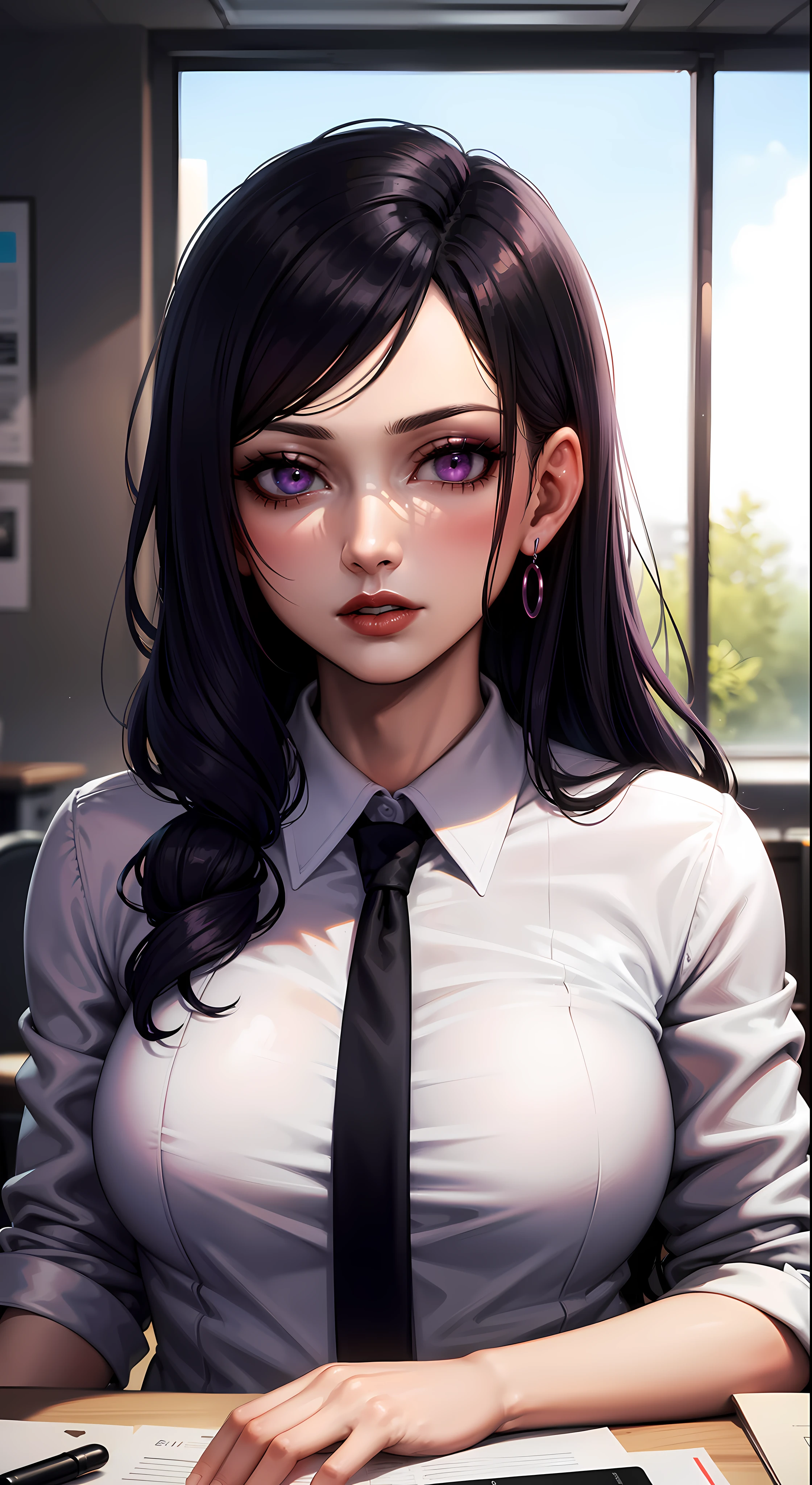 (masterpiece:1.2, best quality1:1, ultra-detailed:1.2, best shadow, 8k:1.1), (office background), (beautiful detailed face), high contrast, (perfect illumination:1.2, beautiful color, delicate color), ((cinematic light)), hyper detail, dramatic light, intricate details, (1 girl, solo, black hair, sharp face, messy long hair:1.2, wavy hair:1.1, purple eyes, glowing eyes, dynamic angle, office, formal, upper body:1.2), (eye focus:0.9), (beautiful eyes), (center focus:1.2), depth of field, dark purple particles, (purple aura), makeup, dark red lipstick, dark red eyeshadow, hyperdetail makeup, hyperdetail lipstick, hyperdetail eyeshadow, ((half body shot:1.3))
